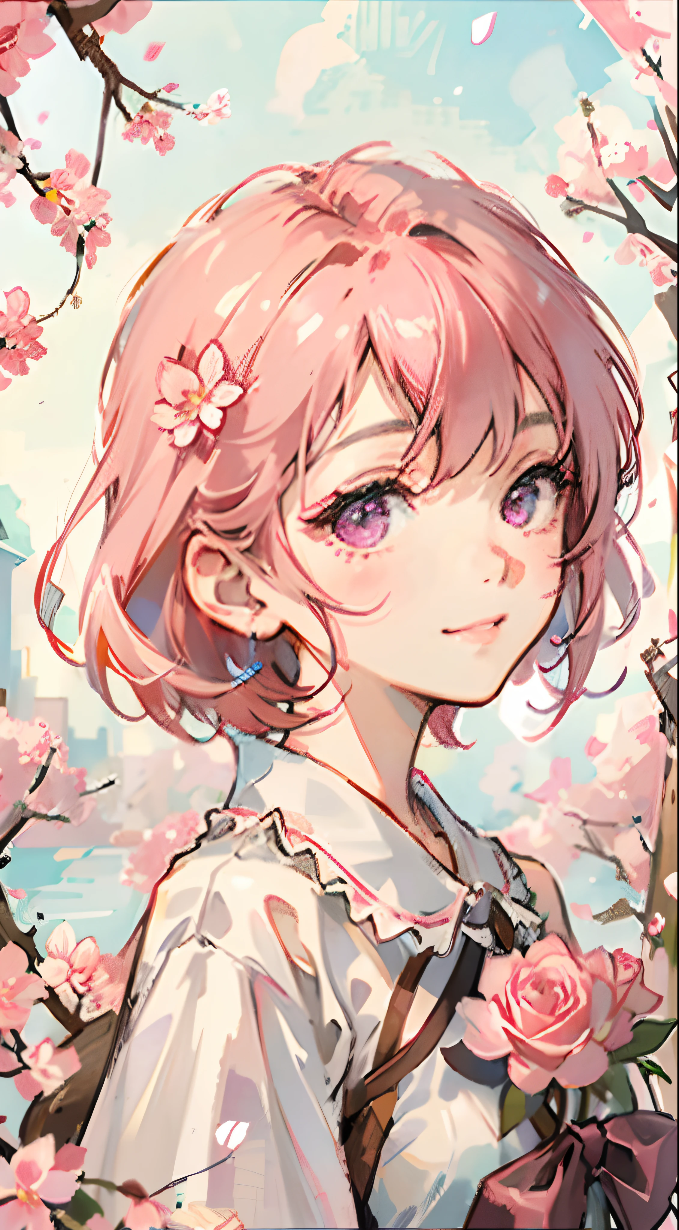 masterpiece, best quality, ultra-detailed, 1girl, detailed water, short hair, pink hair, light pink eyes, , ((close-up)), roses, everywhere roses, gorgeous, cherry blossoms, cherry, cherry blossoms tree, smile, view from front,