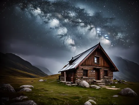 (8K, 16 K, Award-winning, Highest Quality, High resolution, Intricately detailed, Highly detailed),A mountain hut isolated by a ...