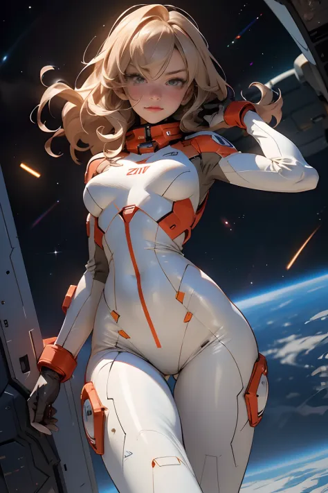 sandy hair fit body large breasts slender thighs slender waist pilot suit solo looking at viewer in space long hair blushing det...