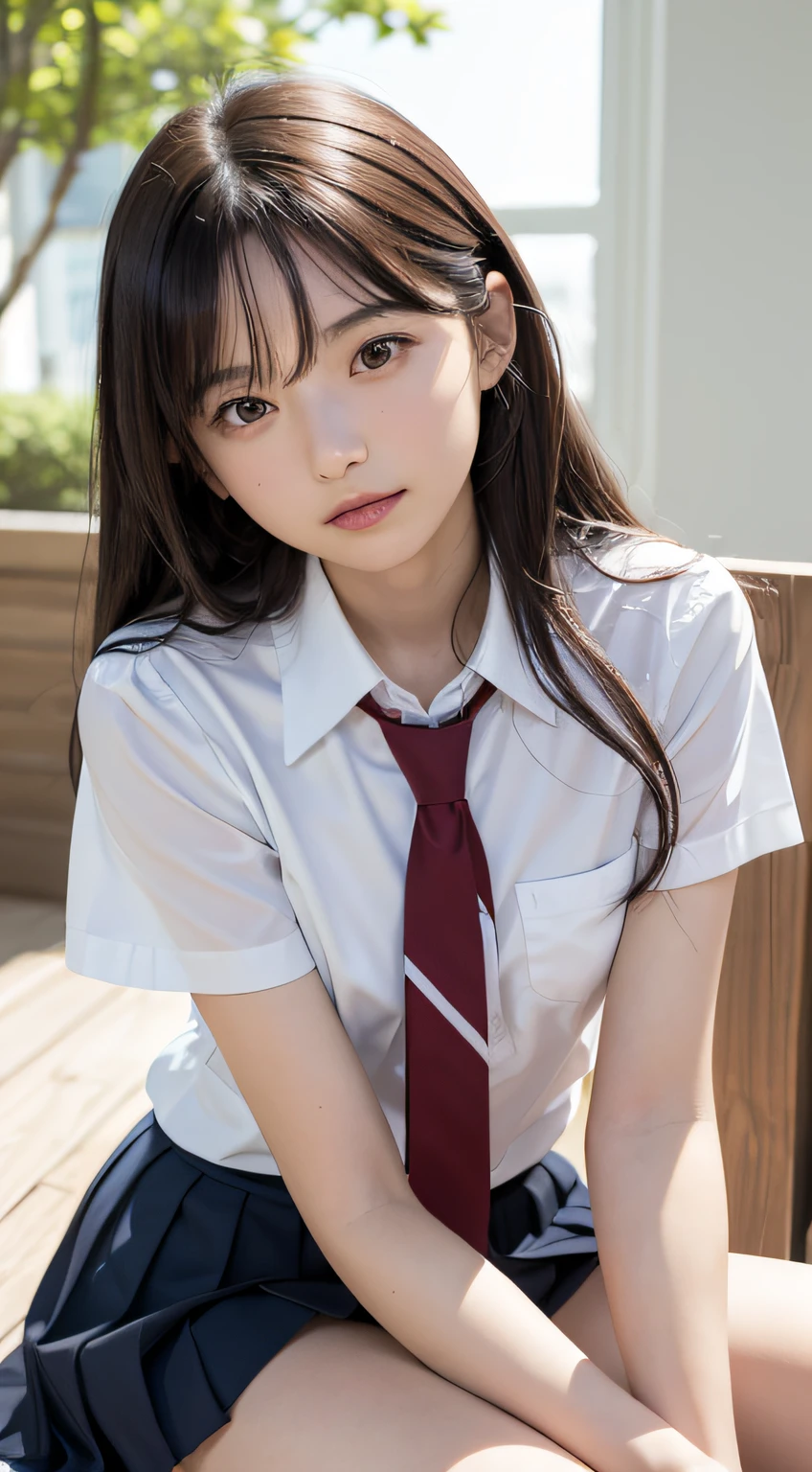 (masutepiece, Best Quality:1.2), 8K, 18year old, 85 mm, Official art, Raw photo, absurderes, White dress shirts, Pretty Face, close up, Upper body, violaceaess, gardeniass, Beautiful Girl, School uniform, (Navy pleated skirt:1.1), Cinch West, thighs thighs thighs thighs, Short sleeve, atlibrary, Looking at Viewer, No makeup, (Smile:0.4), Film grain, chromatic abberation, Sharp Focus, face lights, clear lighting, Teen, Detailed face, Bokeh background, (dark red necktie:1.1)、medium breasts⁩