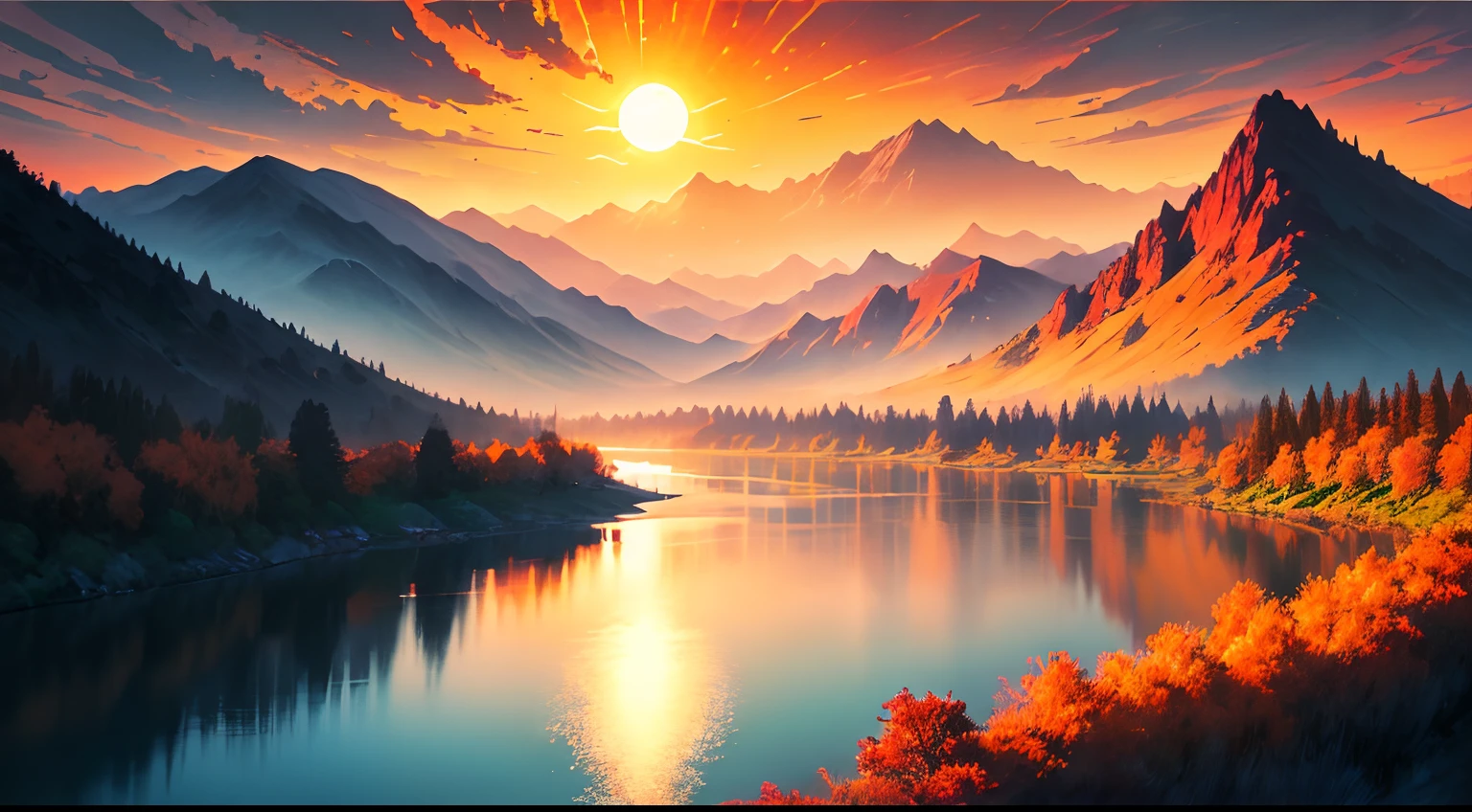 Dusk, river bank, colorful sky, orange sun, mountains, distant mountains, outline, beautiful scenery