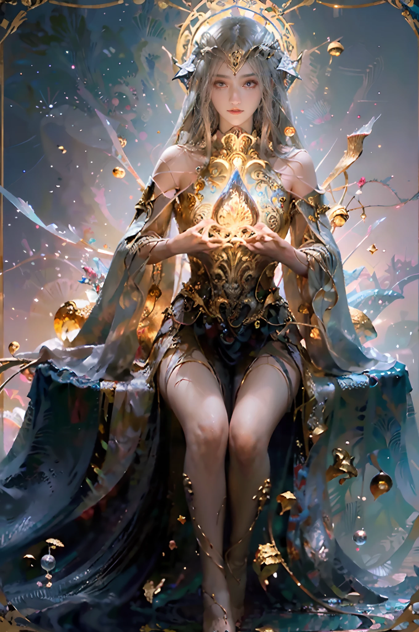 tarot cards，Full tarot border，(The image is surrounded by a tarot card-style border:1.8), (Masterpiece, High quality, Best quality, offcial art, Beauty and aesthetics:1.2),(theelementoffire:1.4),（1 young woman：1.6）,Composed of fire elements，Highly realistic,posing elegantly,Transparency,Sci-fi lighting effects,dress,Flame,hoang lap，climaxing，，brown  hair，best qualtiy，tmasterpiece，（realisticlying：1.4），RAW photos，vibrant with colors，Flow and movement。salama，hilltop，Great giants，Sexy gesture，Barefoot，without wearing shoes，palp，bubble，Deep background，Fantastic and incredible，Epic composition，(Complicated details，Hyper-detailing:1.2)，art  stations，（tmasterpiece，best qualtiy）surrealism, shadowing, anaglyph, stereograms, angle of view, Cinematic lighting, 8K, Super detail, ccurate, Best quality, A high resolution, Award-Awarded, Anatomically correct，Burning body，Elaborate Eyes，delicated face，Right eyes，long layered silvery white hair，Black cape，lots of flames，Buble, shells, Fish, pearls，Nautilus，a plant，jelly fish，The corals，Vintage style，（zentangle，datura，Tangles，entangled）， (s fractal art: 1.3)，holy rays，gold foil，Gold leaf art，glitter drawing，Full tarot border，（Full border 1.5），Fang Yi，