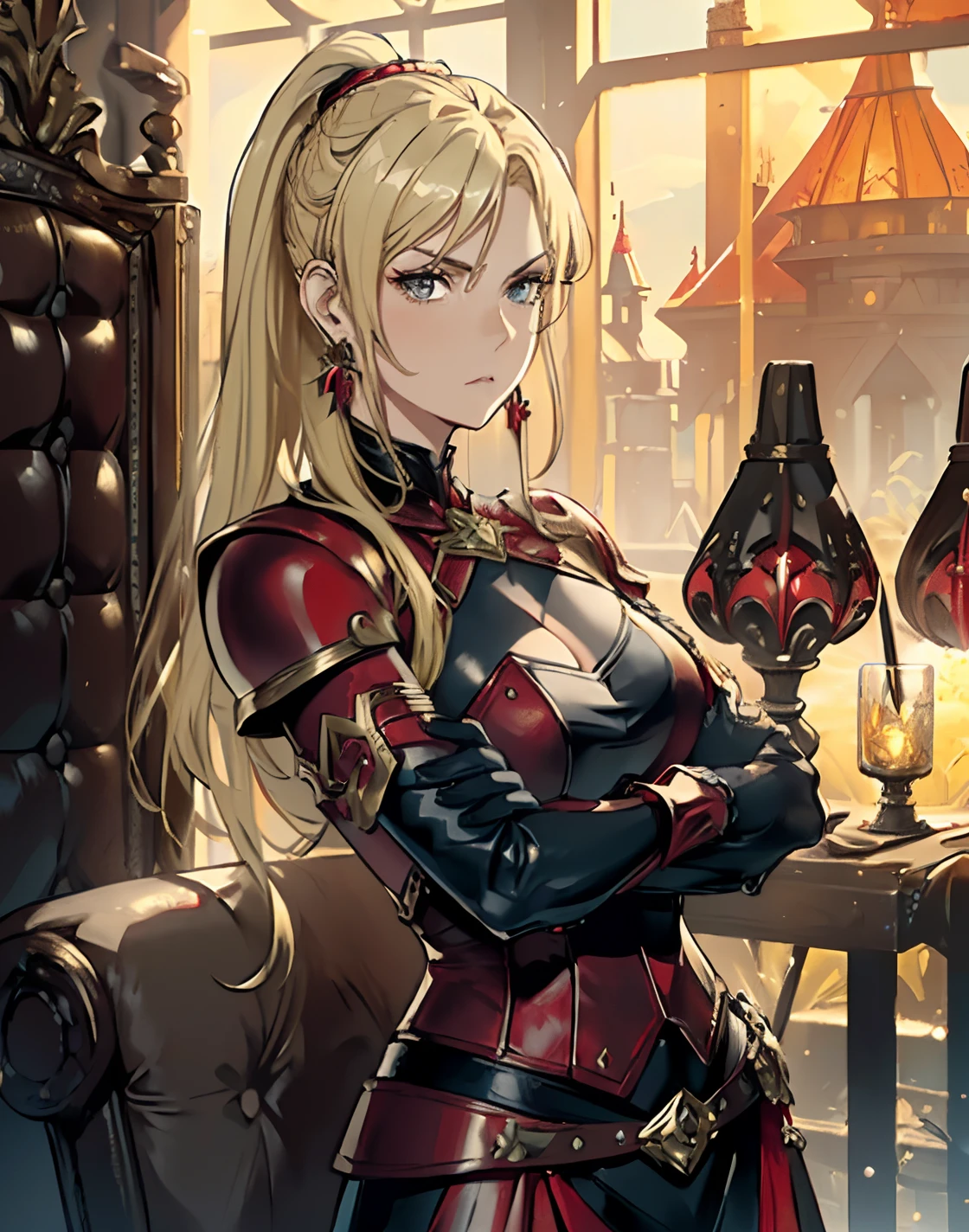 (((One woman around 40 years old, blonde, ponytail, serious look, beautiful face))), arms folded, ((fantasy leather armor, red and black, long gloves)), fantasy, dnd, ((bored look)), ((red and gold earrings))