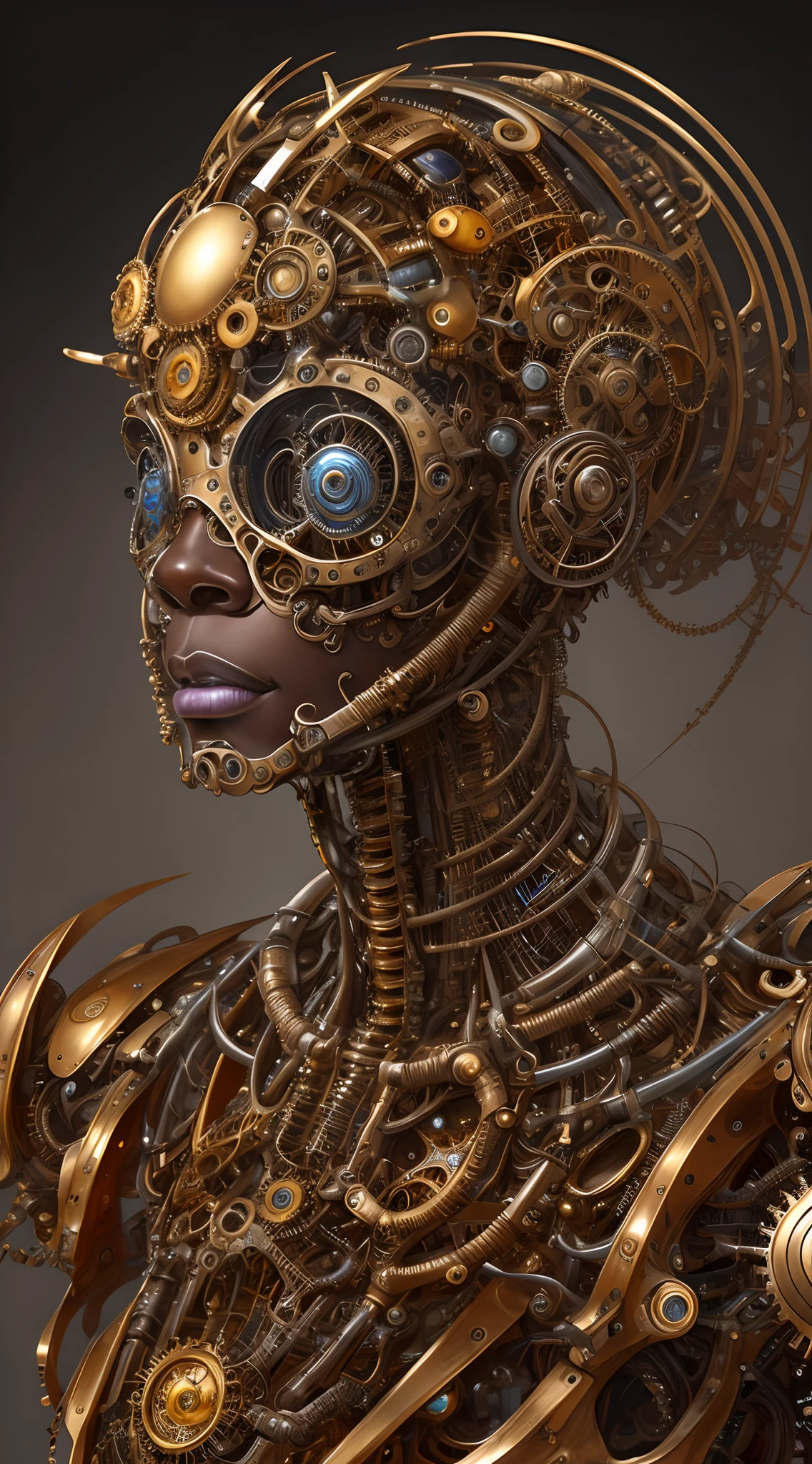 Oeuvre dans le style de Vladimir Kush, WLOP et James Jean représentation très détaillée et complexe d&#39;un visage mécanique ou cybernétique, probablement inspiré par des thèmes steampunk et futuristes. La face, apparaît, caractéristiques africaines, composants métalliques et mécaniques, or