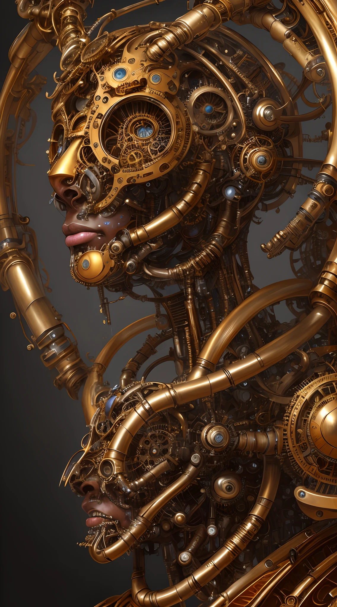 Artwork in the style of Vladimir Kush, WLOP and James Jean highly detailed and intricate portrayal of a mechanical or cybernetic face, likely inspired by steampunk and futuristic themes. The face, appears, African features, metallic and mechanical components, gold