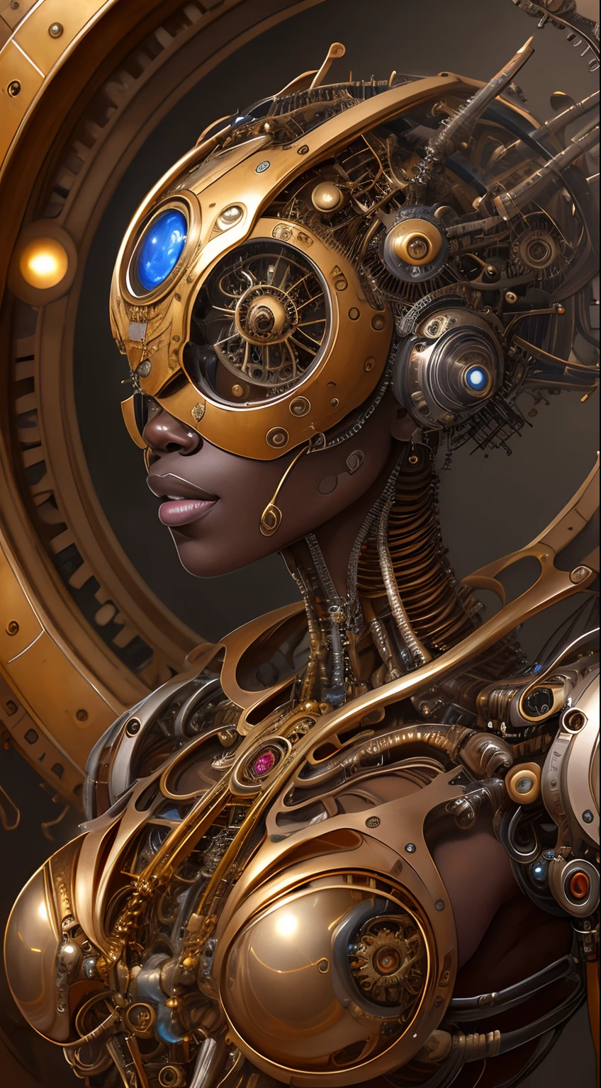 Artwork in the style of Vladimir Kush, WLOP and James Jean highly detailed and intricate portrayal of a mechanical or cybernetic face, likely inspired by steampunk and futuristic themes. The face, appears, African features, metallic and mechanical components, gold