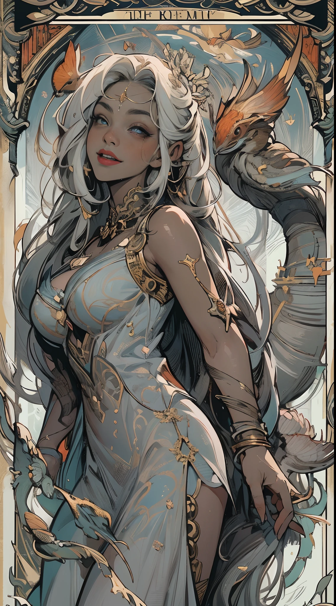 tarot cards，Full tarot border，(The image is surrounded by a tarot card-style border:1.8), Black Woman Ahegao，Silver hair，A heartwarming smile，Thick lips，Elongated eyes，Charming eyes，（Beautiful and detailed eye description），Snow-whiteskin，mature，Redlip（Very fine and beautiful），ultra - detailed，tmasterpiece，））happy laughing，Open-mouthed，Barefoot，without wearing shoes，In the depths of the ocean，（（（tmasterpiece），（Very detailed CG unity 8K wallpaper）），best qualtiy，cinmatic lighting，detailed back ground，Sexy gesture，（Correct face 1.6）（Wearing：Red slip dress，soaked pubic hair，Metal trims，Skirt，），Flowing skirt，expose arms，（Background with：Ruins of Atlantis，），（Beneath your feet：Destroyed buildings，）Deep background，Fantastic and incredible，Epic composition，(Complicated details，Hyper-detailing:1.2)，art  stations，（tmasterpiece，best qualtiy）surrealism, shadowing, anaglyph, stereograms, angle of view,  Cinematic lighting, 8K, Super detail, ccurate, Best quality, A high resolution, Award-Awarded, Anatomically correct，Seafoam, Buble, shells, Fish, pearls，nautilus，Plants，jelly fish，The corals，Vintage style，（zentangle，datura，Tangles，entangled）， (s fractal art: 1.3)，holy rays，gold foil，Gold leaf art，glitter drawing，Full tarot border，（Full border 1.5），Fang Yi，