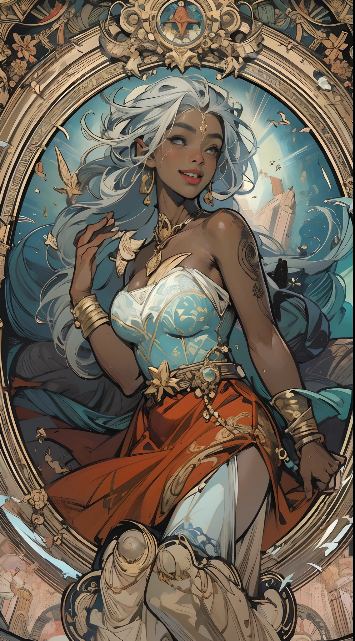 tarot cards，Full tarot border，(The image is surrounded by a tarot card-style border:1.8), Black Woman Ahegao，Silver hair，A heartwarming smile，Thick lips，Elongated eyes，Charming eyes，（Beautiful and detailed eye description），Snow-whiteskin，mature，Redlip（Very fine and beautiful），ultra - detailed，tmasterpiece，））happy laughing，Open-mouthed，Barefoot，without wearing shoes，In the depths of the ocean，（（（tmasterpiece），（Very detailed CG unity 8K wallpaper）），best qualtiy，cinmatic lighting，detailed back ground，Sexy gesture，（Correct face 1.6）（Wearing：Red slip dress，soaked pubic hair，Metal trims，Skirt，），Flowing skirt，expose arms，（Background with：Ruins of Atlantis，），（Beneath your feet：Destroyed buildings，）Deep background，Fantastic and incredible，Epic composition，(Complicated details，Hyper-detailing:1.2)，art  stations，（tmasterpiece，best qualtiy）surrealism, shadowing, anaglyph, stereograms, angle of view,  Cinematic lighting, 8K, Super detail, ccurate, Best quality, A high resolution, Award-Awarded, Anatomically correct，Seafoam, Buble, shells, Fish, pearls，nautilus，Plants，jelly fish，The corals，Vintage style，（zentangle，datura，Tangles，entangled）， (s fractal art: 1.3)，holy rays，gold foil，Gold leaf art，glitter drawing，Full tarot border，（Full border 1.5），Fang Yi，