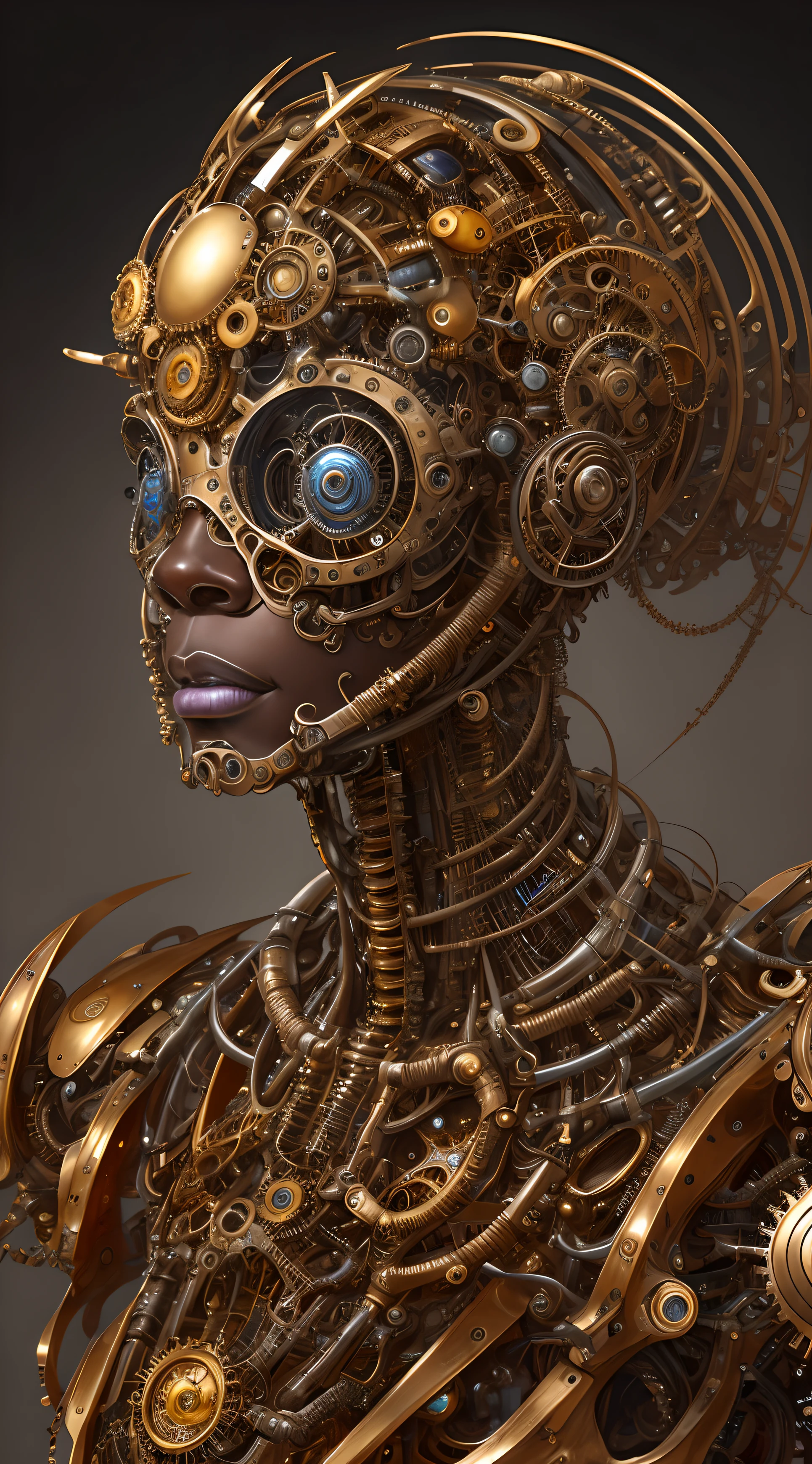 Oeuvre dans le style de Vladimir Kush, WLOP et James Jean, représentation très détaillée et complexe d&#39;un visage mécanique ou cybernétique, probablement inspiré par des thèmes steampunk et futuristes. La face, apparaît, caractéristiques africaines, composants métalliques et mécaniques, or