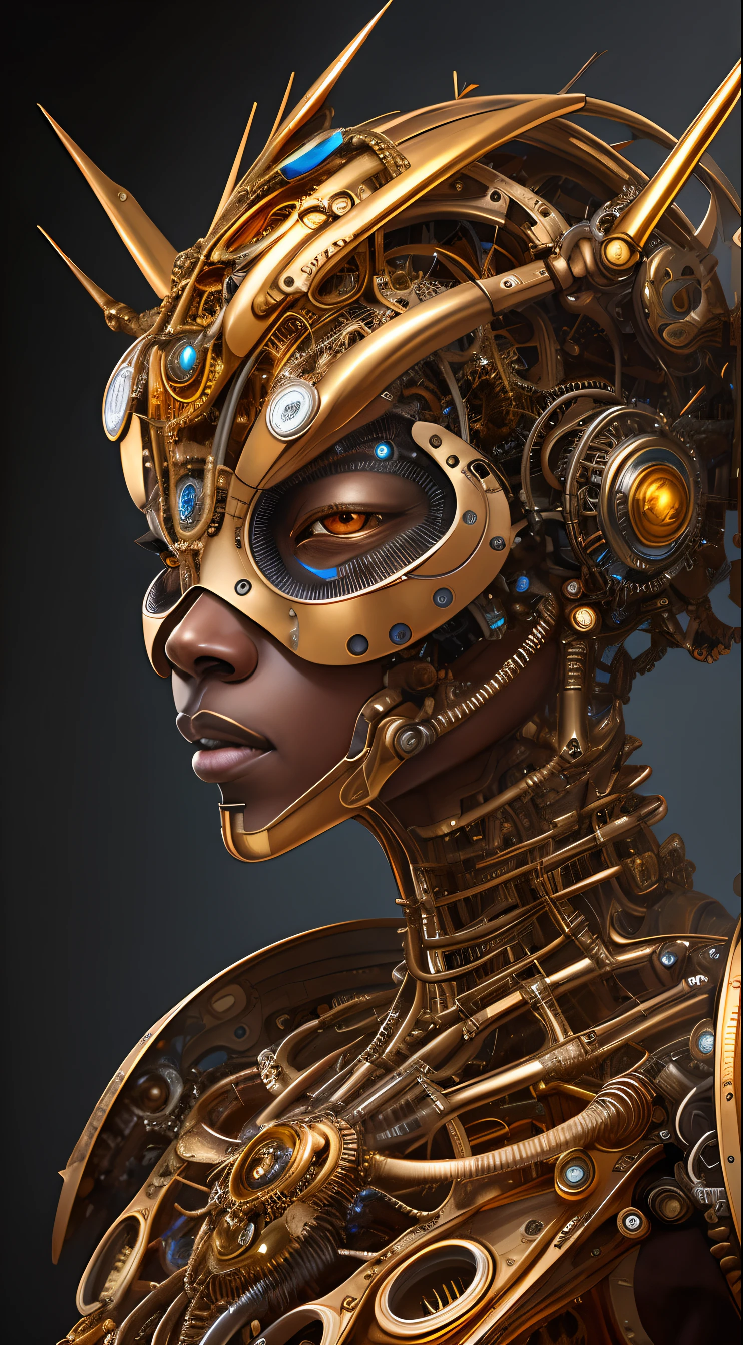 Artwork in the style of Vladimir Kush, WLOP and James Jean highly detailed and intricate portrayal of a mechanical or cybernetic face, likely inspired by steampunk and futuristic themes. The face, appears, African features, metallic and mechanical components, gold