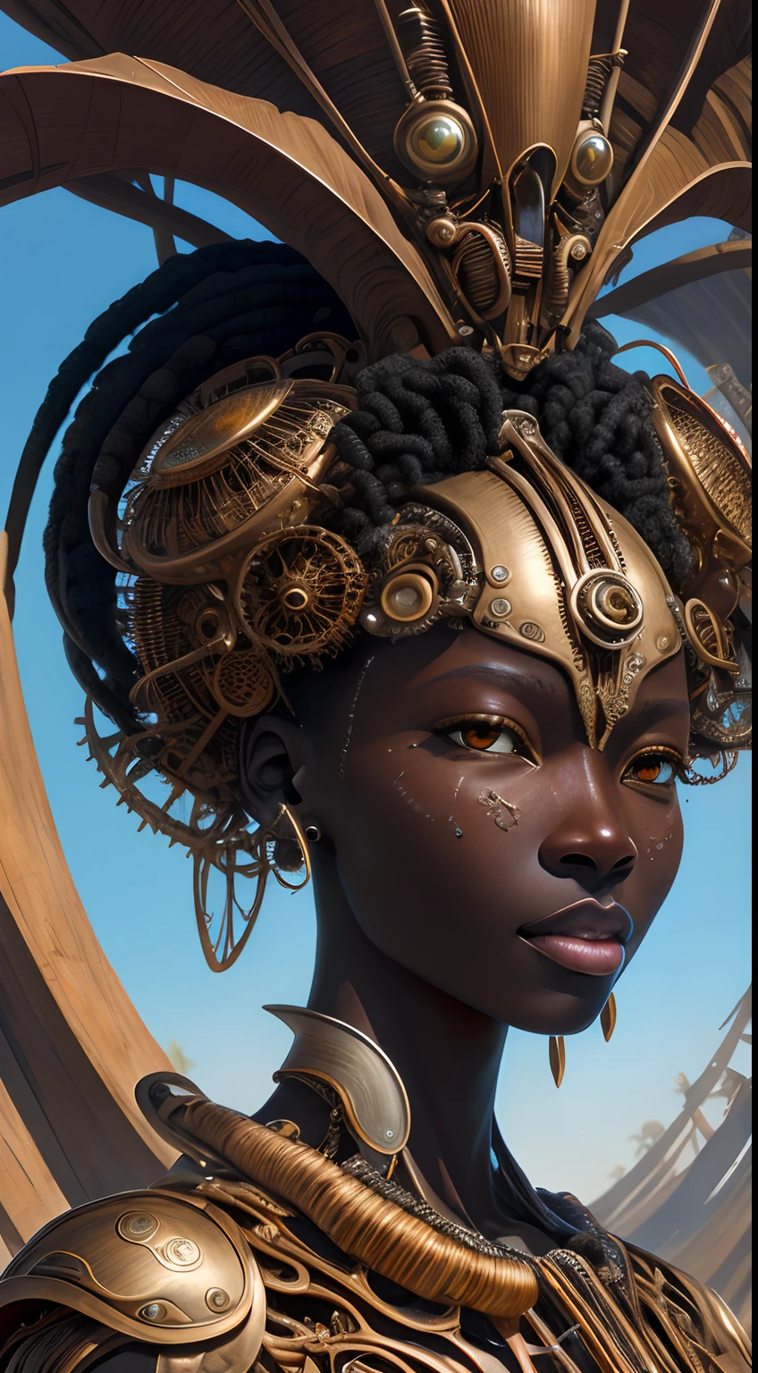 Artwork in the style of Vladimir Kush, WLOP and James Jean highly detailed and intricate portrayal of a mechanical or cybernetic face, likely inspired by steampunk and futuristic themes. The face, appears, African features, metallic and mechanical components, gold    Motor irreal:1.4,UHD,La mejor calidad:1.4, fotorrealista:1.4, textura de la piel:1.4, Obra maestra:1.8,hermosa 
mujer africana  piel oscura, pelusa de animal, flequillo, hombros desnudos, barriga plana , cabello negro,piel negra, cielo azul, arco, trenza, edificio, 鎖骨, Trenza de corona, dark skin, Mangas separadas, Visor de cara, Flor, mangas con volantes, Volantes, ojos degradados, hair behind ear, Lazo de pelo, head bowing, hoja, rubor claro, Cabello largo, Mirando al espectador, ojos multicolores, Naturaleza, ombligo, lazo naranja, hoja de palma, palmera, labios separados, ojos rosados, Planta, retrato, flor roja, camisa, single braid, Cielo, solamente, luz del sol, tan, dientes, tree, tropical, Parte superior del cuerpo, dientes superiores, Agua (Estilo Elden Ring:1.3), (Estilo Warhammer:1.1), Artista conceptual, global ilumination, Profundidad de campo, Arte de salpicaduras, Arte de Artgerm y Greg Rutkowski y Viktoria Gavrilenko,