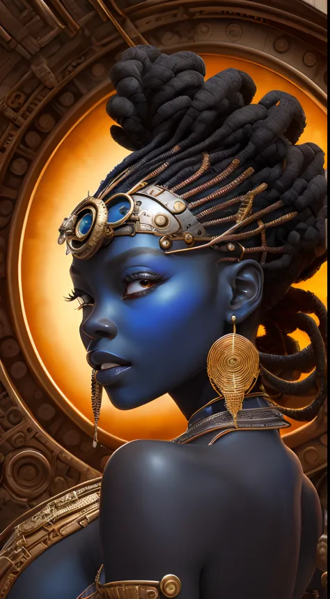Artwork in the style of Vladimir Kush, WLOP and James Jean highly detailed and intricate portrayal of a mechanical or cybernetic face, likely inspired by steampunk and futuristic themes. The face, appears, African features, metallic and mechanical componen...