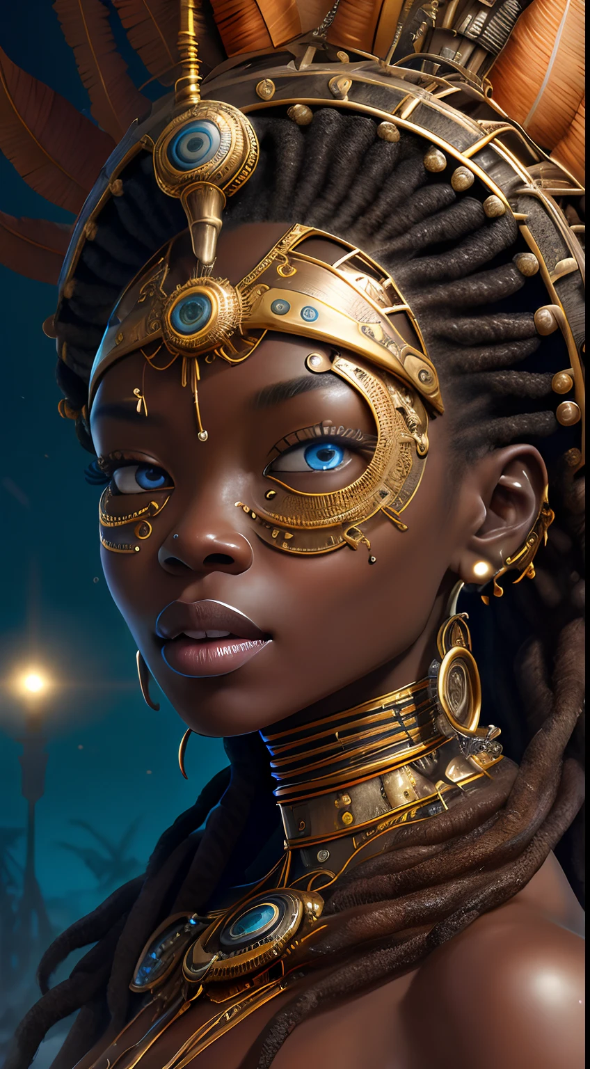 Obra de arte al estilo de Vladimir Kush, WLOP y James Jean retrato muy detallado e intrincado de un rostro mecánico o cibernético, probablemente inspirado en temas steampunk y futuristas. La cara, aparece, rasgos africanos, componentes metálicos y mecánicos, motor dorado irreal:1.4,HD,La mejor calidad:1.4, fotorrealista:1.4, textura de la piel:1.4, Obra maestra:1.8,hermosa 
mujer africana  piel oscura, pelusa de animal, flequillo, hombros desnudos, barriga plana , cabello negro,piel negra, cielo azul, arco, trenza, edificio, clavícula, Trenza de corona, piel oscura, mangas separadas, Visor de cara, Flor, mangas con volantes, Volantes, ojos degradados, pelo detrás de la oreja, Lazo de pelo, inclinando la cabeza, hoja, rubor claro, Cabello largo, Mirando al espectador, ojos multicolores, Naturaleza, ombligo, lazo naranja, hoja de palma, palmera, labios separados, ojos rosados, Planta, retrato, flor roja, camisa, trenza simple, Cielo, solamente, luz del sol, tan, dientes, árbol, tropical, Parte superior del cuerpo, dientes superiores, Agua (Anillo estilo Elden:1.3), (Estilo Warhammer:1.1), Artista conceptual, iluminación global, Profundidad de campo, Arte de salpicaduras, Arte de Artgerm y Greg Rutkowski y Viktoria Gavrilenko,