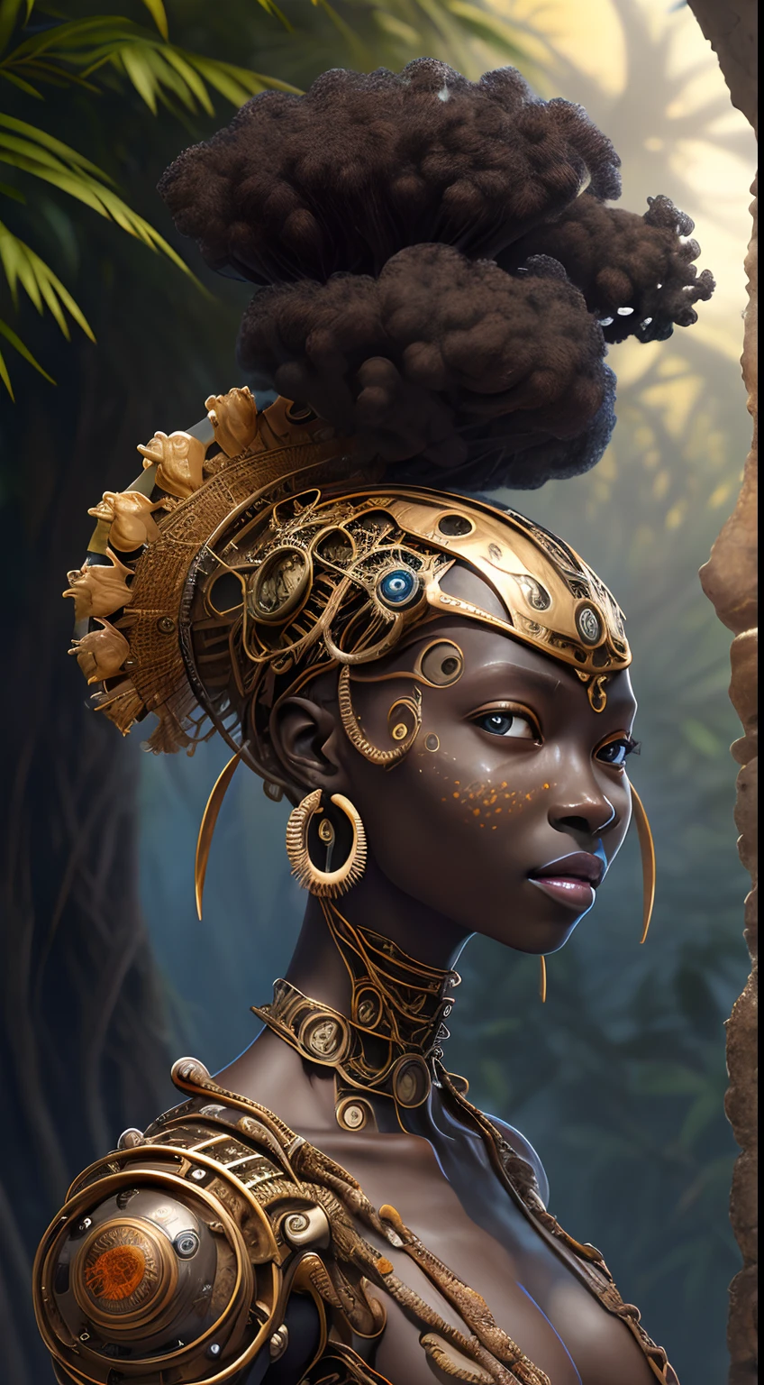 Obra de arte al estilo de Vladimir Kush, WLOP y James Jean retrato muy detallado e intrincado de un rostro mecánico o cibernético, probablemente inspirado en temas steampunk y futuristas. La cara, aparece, rasgos africanos, componentes metálicos y mecánicos, motor dorado irreal:1.4,HD,La mejor calidad:1.4, fotorrealista:1.4, textura de la piel:1.4, Obra maestra:1.8,hermosa 
mujer africana  piel oscura, pelusa de animal, flequillo, hombros desnudos, barriga plana , cabello negro,piel negra, cielo azul, arco, trenza, edificio, clavícula, Trenza de corona, piel oscura, mangas separadas, Visor de cara, Flor, mangas con volantes, Volantes, ojos degradados, pelo detrás de la oreja, Lazo de pelo, inclinando la cabeza, hoja, rubor claro, Cabello largo, Mirando al espectador, ojos multicolores, Naturaleza, ombligo, lazo naranja, hoja de palma, palmera, labios separados, ojos rosados, Planta, retrato, flor roja, camisa, trenza simple, Cielo, solamente, luz del sol, tan, dientes, árbol, tropical, Parte superior del cuerpo, dientes superiores, Agua (Anillo estilo Elden:1.3), (Estilo Warhammer:1.1), Artista conceptual, iluminación global, Profundidad de campo, Arte de salpicaduras, Arte de Artgerm y Greg Rutkowski y Viktoria Gavrilenko,