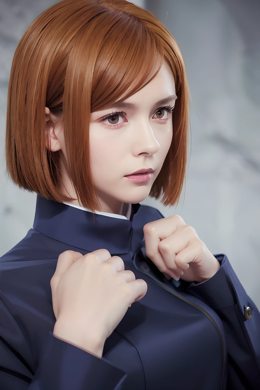 qualidade máxima, 8K, ultra-detalhado, Fotorrealístico, rosa, jujutsu kaisen, cortes bob, cabelo castanho, Tiros na Cabeça, 1 menina, roupas de estudante, Rosto Japonês, Os uniformes escolares são feitos de tecido