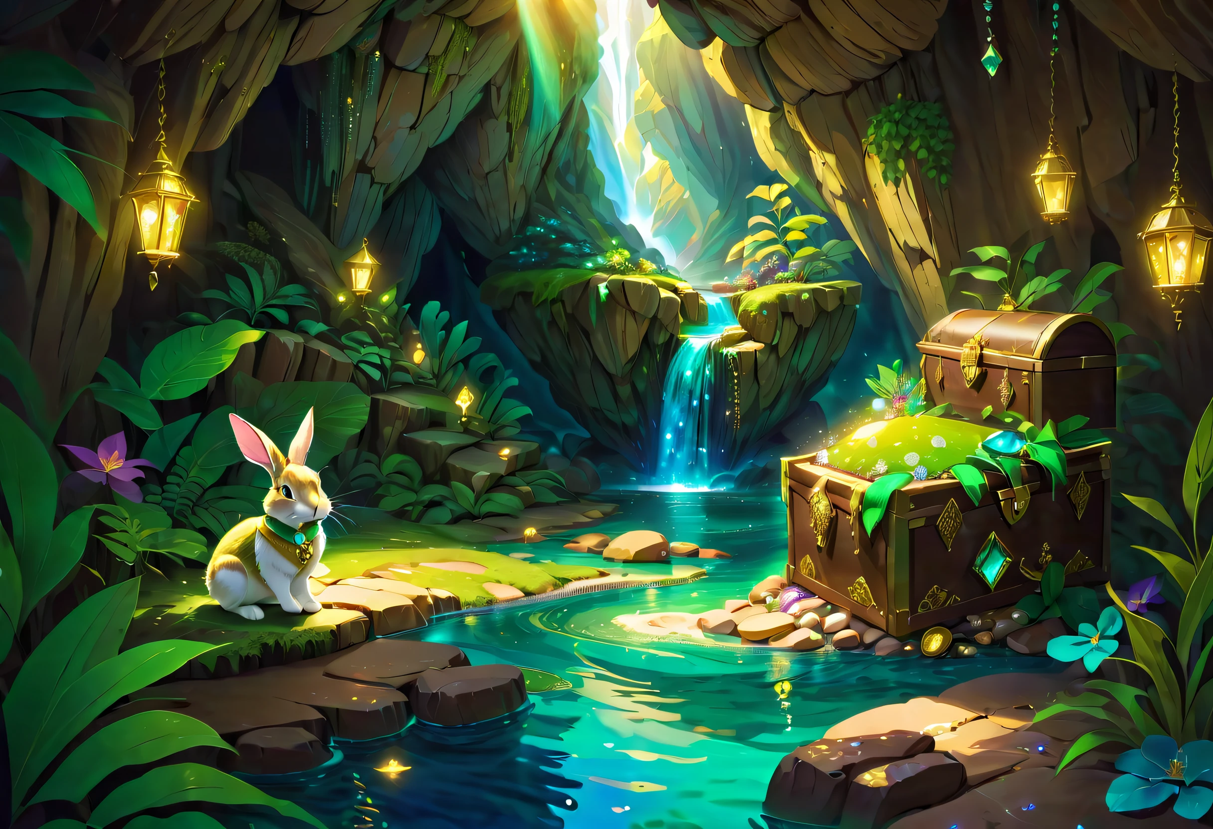 When a cute little rabbit steps into a dark cave，A faint ray of sunlight shone through the gap in the suit，Wearing a bright green vest，It is embroidered with a gold expedition badge，It symbolizes courage and adventurous spirit，The interior of the cave is full of ancient atmosphere，The walls are covered with sparkling crystals，Going deeper into the burrow, the little rabbit discovers a hidden passage，The walls of the passage are inlaid with pearls of strange shapes，radiating a soft，Walk cautiously through the passage，The faint sound of running water was heard，Stunning underground waterfalls。 Waterfalls rush down from the towering rock faces，A pool of crystal clear water is formed。The pool shimmered blue，There seems to be an endless treasure hidden，Explore the island made up of pearls and gemstones in the water， There is an elaborate treasure chest on the island，Set with sparkling diamonds。The little rabbit carefully opens the treasure chest，Found filled with glittering gems and gold coins。 At the party animal style, (Ghibli-like colors, Cinematic lighting, first person perspective, angle of view, in a panoramic view, Ultra-wide angle, hyper HD, Anatomically correct, Masterpiece, ccurate, Award-Awarded, Best quality)，Dressed animals page