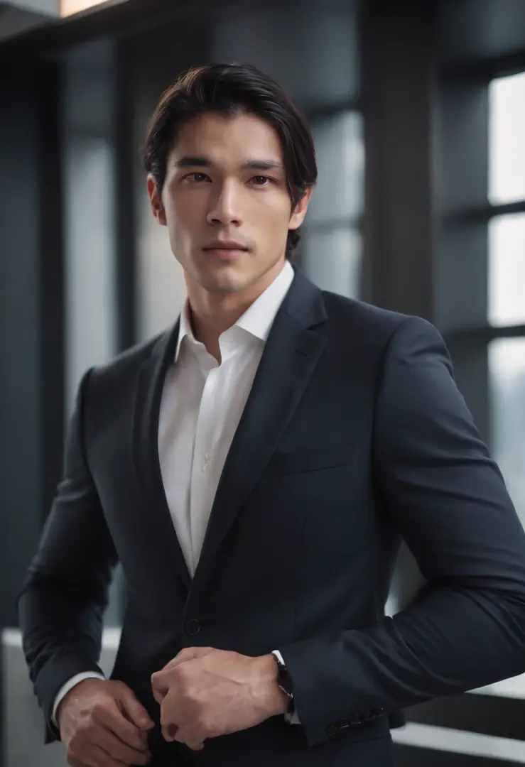 Attractive 27-year-old athlete with medium-long black hair and Hugo Boss business suit、a handsome