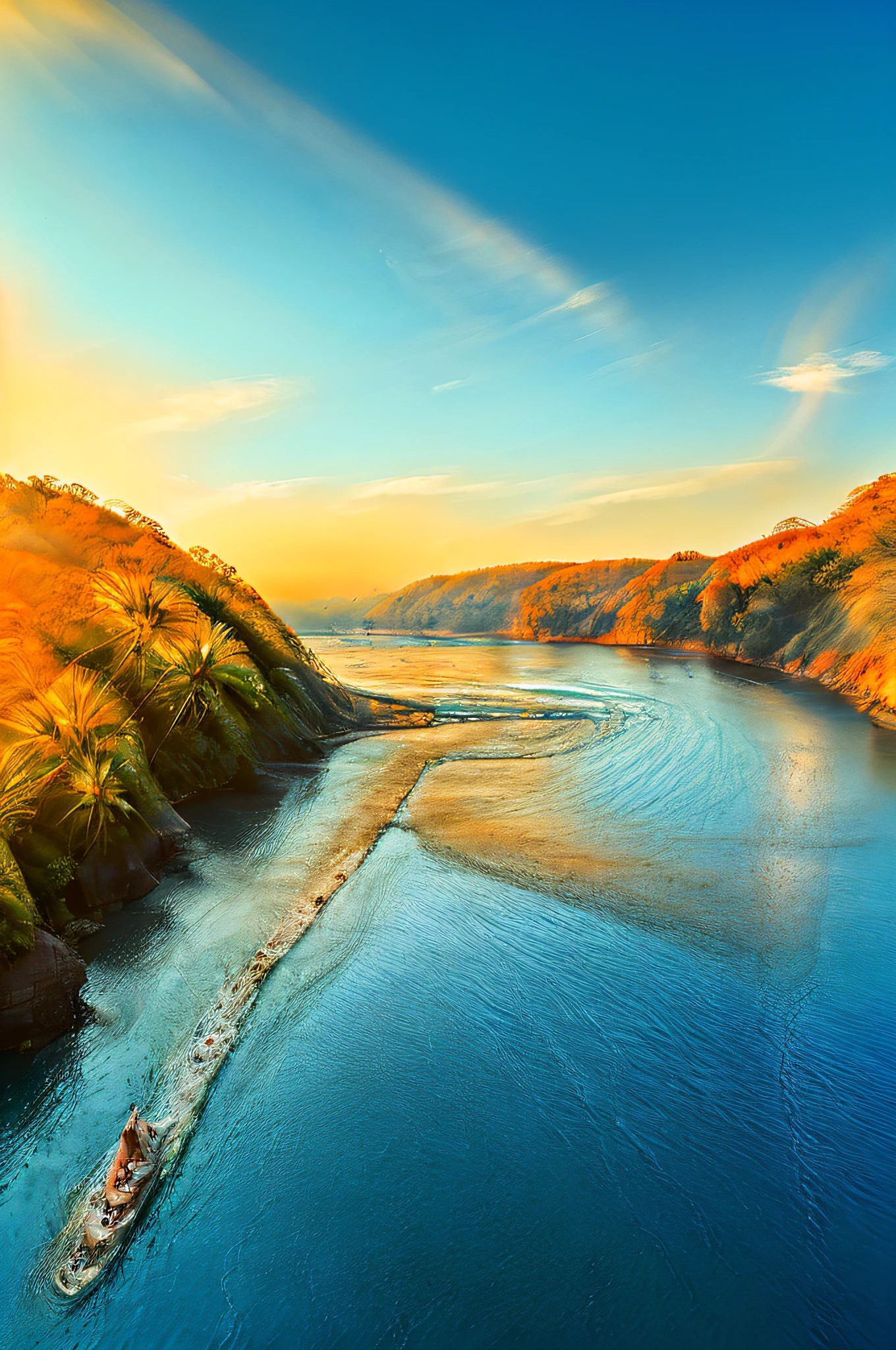 (best quality,4k,highres,ultra-detailed,realistic:1.2),vivid colors,Nile River landscape,palm trees,gentle breeze,golden sun rays,shimmering waters
