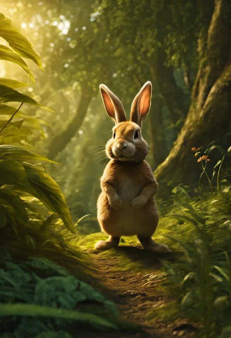 A rabbit explorer passes through a dense jungle, with the grass swaying gently beneath its feet. Sunlight seeps through the leaves and illuminates the rabbit's fur, emitting a radiant golden glow. In the distance, the faint silhouette of an ancient castle ...
