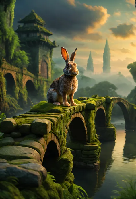 In an ancient city on the edge, an adventurous rabbit stands on an old stone bridge. Below the bridge, there is a turbulent river, and on both sides of the riverbank, there are dense jungles. The lingering sunset illuminates the courageous figure of the ad...