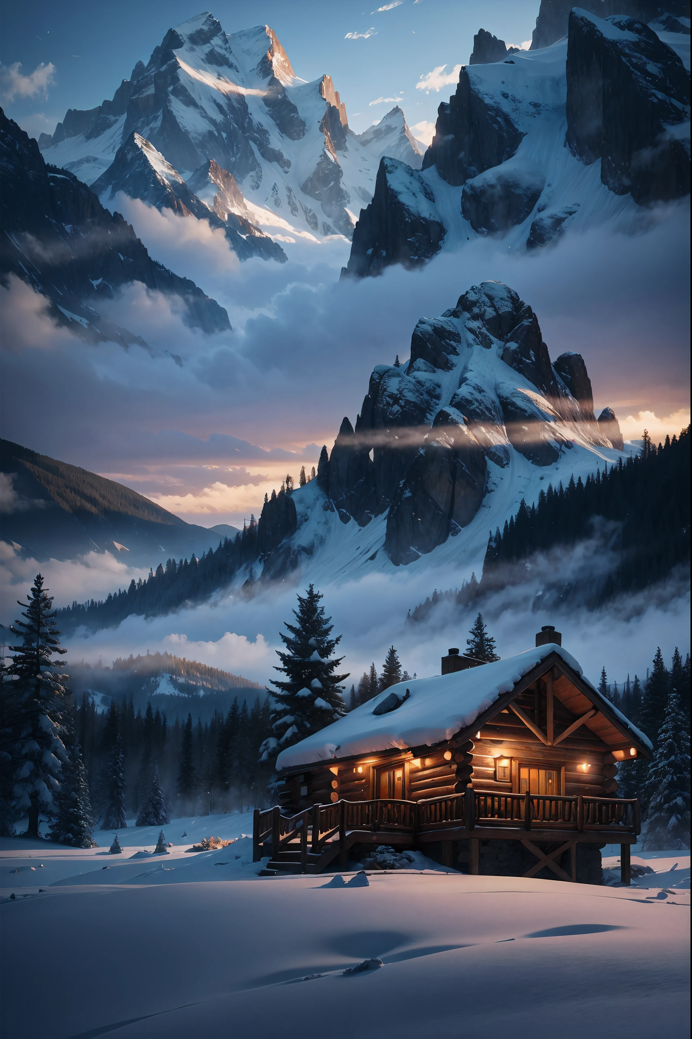 uma cabana na montanha, iluminação volumétrica, iluminação cinematográfica