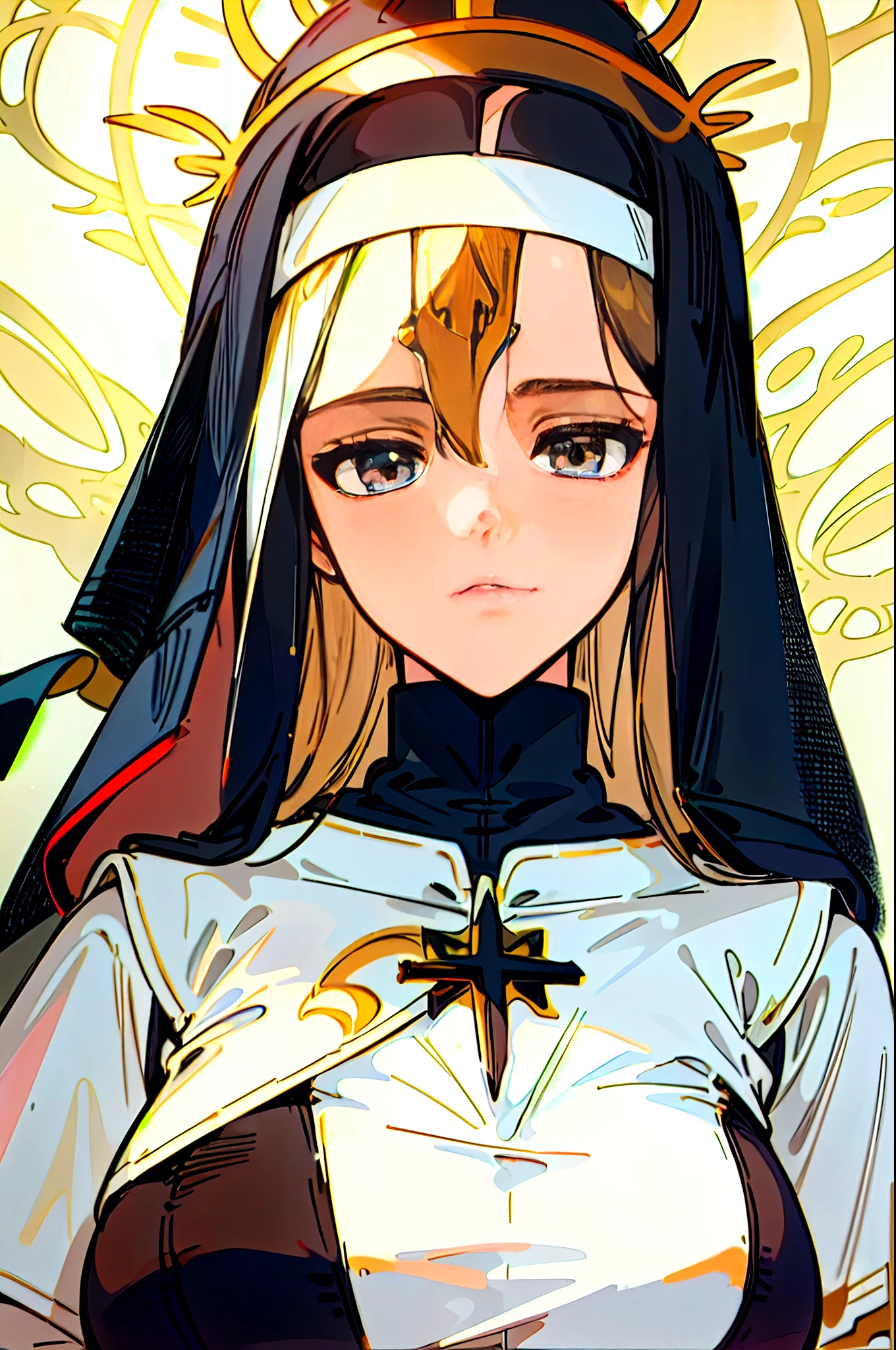 1girl nun solo, nun fashion model, nun fashion model , nun outfit,  majestic nun saint woman, golden halo around her face, black-white skintight robes, in HNKstyle, 80's anime style