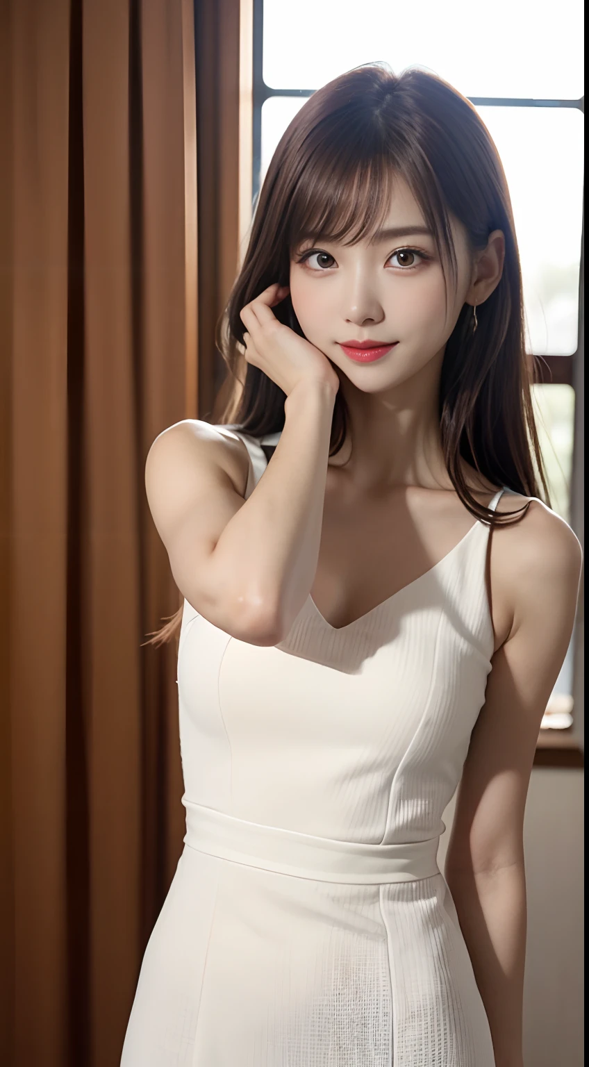 White see-through blouse,Face Interview, (Photo Real:1.4), (hyper realisitic:1.4), (realisitic:1.3), (Smooth lighting:1.05), (Improve video lighting quality:0.9), 1womanl, a 25yo woman:1.5, Realistic lighting, Back lighting, Facial light, raytrace, (cheerfulness:1.2), (Improved image quality:1.4), (Finest Real Textured Skins), finely eye, a small face, Red cheeks, skinny body, medium-breasted pointed jaws,,,,,,,, Korean Idol, Nogizaka Idol, glowy skin, hposing Gravure Idol, P, Blunt bangs, light brown hair, hair behind ear, hair over shoulder, Long hair,Tear bag，Summer plateau、White Dress、