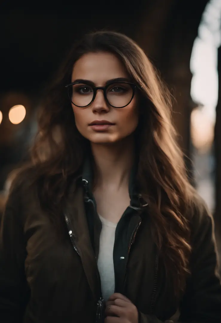Long-haired brown-haired girl with glasses, round face, Large shiny dark brown eyes, long eyelashes, sad expression, Там Skin Color Bios, o Brown glasses, black jacket, Oversized black jeans, Soldier's Belt, hiking boots with buckles on the sides.