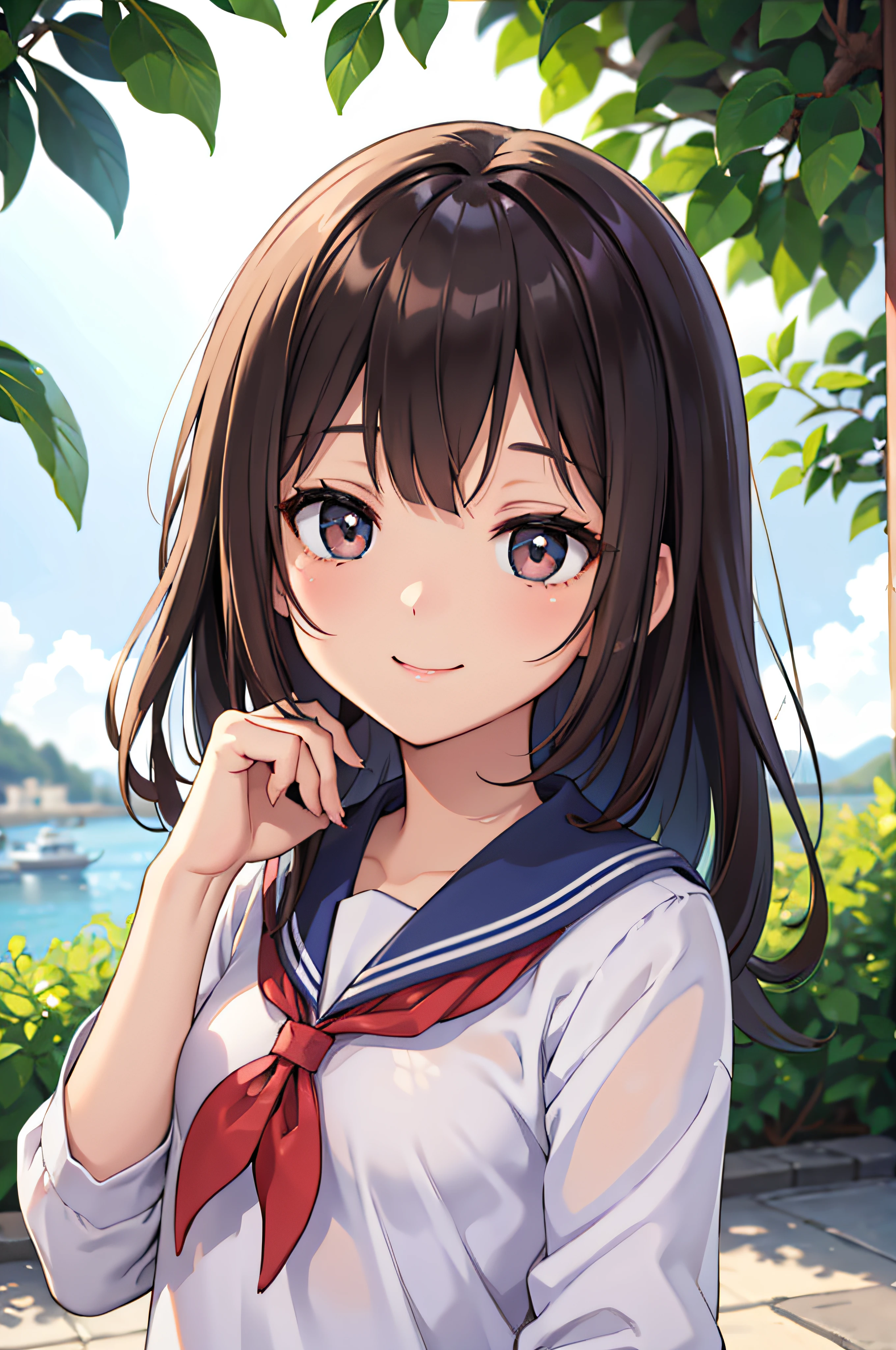 17 age、brown haired、beautidful eyes、real looking skin、hi-school girl、a sailor suit、、(8K、​masterpiece)、(reallistic、Photorealsitic)、top-quality、ighly detailed、The ultra-detailliert、Beautie、cute little、japanes、Idol、a smile、Close-up portrait、Healthy face
