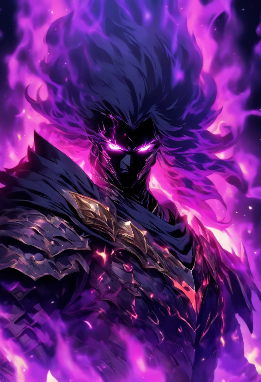 Male anime character with long black hair and purple eyes, Character Album Cover, full art, fantasy character, full art illustration, full portrait of elementalist, character profile art, official character art, official character illustration, merlin, high detailed official artwork, Game Keys, otzi, Mobile game art, Mean face, Thorny dark armor, walking pose, Purple flames, Dark castle on background, Full body armor, Dark Knight