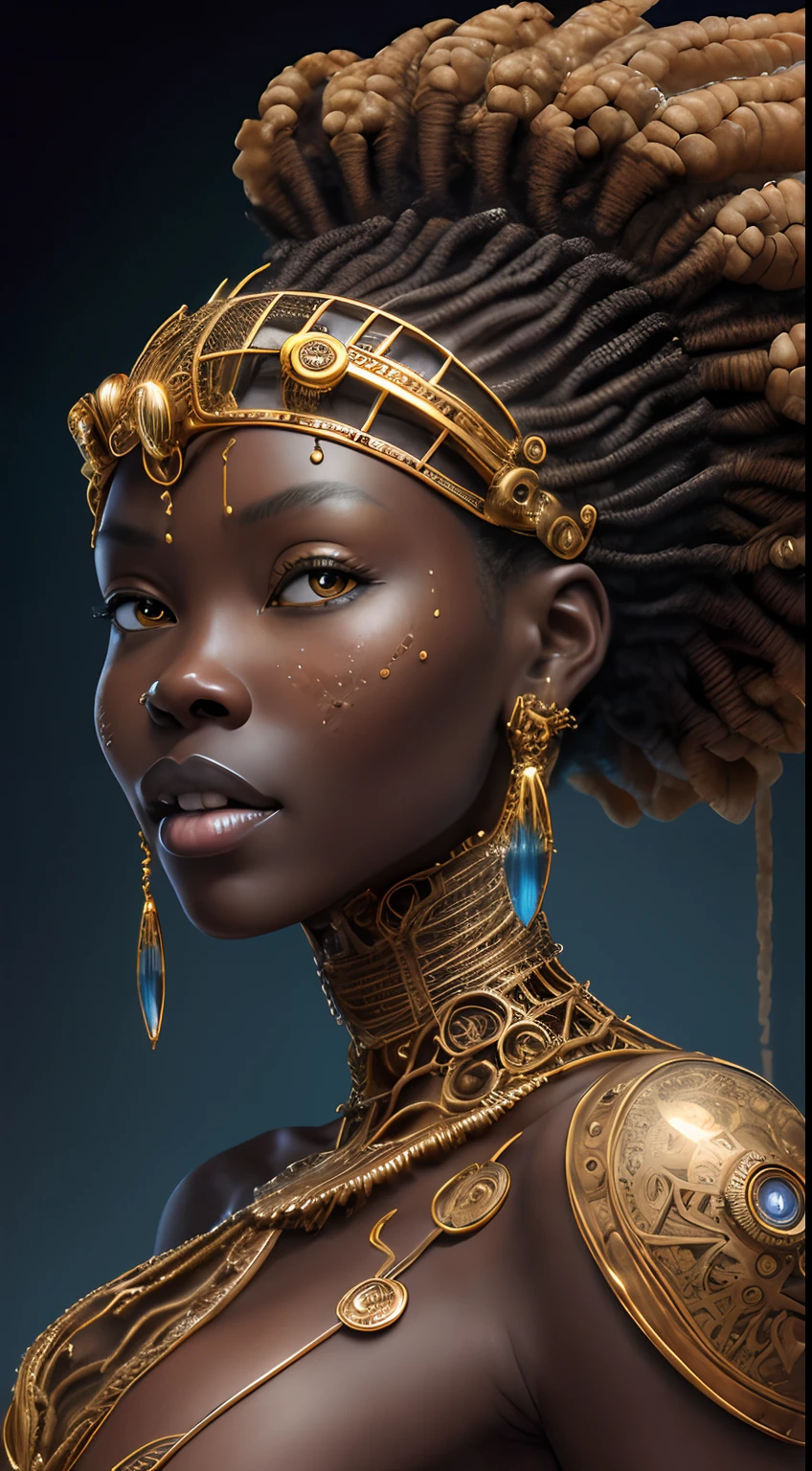 Obra de arte al estilo de Vladimir Kush, WLOP y James Jean retrato muy detallado e intrincado de un rostro mecánico o cibernético, probablemente inspirado en temas steampunk y futuristas. La cara, aparece, rasgos africanos, componentes metálicos y mecánicos, motor dorado irreal:1.4,HD,La mejor calidad:1.4, fotorrealista:1.4, textura de la piel:1.4, Obra maestra:1.8,hermosa 
mujer africana  piel oscura, pelusa de animal, flequillo, hombros desnudos, barriga plana , cabello negro,piel negra, cielo azul, arco, trenza, edificio, clavícula, Trenza de corona, piel oscura, mangas separadas, Visor de cara, Flor, mangas con volantes, Volantes, ojos degradados, pelo detrás de la oreja, Lazo de pelo, inclinando la cabeza, hoja, rubor claro, Cabello largo, Mirando al espectador, ojos multicolores, Naturaleza, ombligo, lazo naranja, hoja de palma, palmera, labios separados, ojos rosados, Planta, retrato, flor roja, camisa, trenza simple, Cielo, solamente, luz del sol, tan, dientes, árbol, tropical, Parte superior del cuerpo, dientes superiores, Agua (Anillo estilo Elden:1.3), (Estilo Warhammer:1.1), Artista conceptual, iluminación global, Profundidad de campo, Arte de salpicaduras, Arte de Artgerm y Greg Rutkowski y Viktoria Gavrilenko,