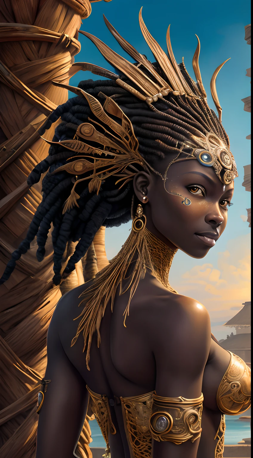 Obra de arte al estilo de Vladimir Kush, WLOP y James Jean retrato muy detallado e intrincado de un rostro mecánico o cibernético, probablemente inspirado en temas steampunk y futuristas. La cara, aparece, rasgos africanos, componentes metálicos y mecánicos, motor dorado irreal:1.4,HD,La mejor calidad:1.4, fotorrealista:1.4, textura de la piel:1.4, Obra maestra:1.8,hermosa 
mujer africana  piel oscura, pelusa de animal, flequillo, hombros desnudos, barriga plana , cabello negro,piel negra, cielo azul, arco, trenza, edificio, clavícula, Trenza de corona, piel oscura, mangas separadas, Visor de cara, Flor, mangas con volantes, Volantes, ojos degradados, pelo detrás de la oreja, Lazo de pelo, inclinando la cabeza, hoja, rubor claro, Cabello largo, Mirando al espectador, ojos multicolores, Naturaleza, ombligo, lazo naranja, hoja de palma, palmera, labios separados, ojos rosados, Planta, retrato, flor roja, camisa, trenza simple, Cielo, solamente, luz del sol, tan, dientes, árbol, tropical, Parte superior del cuerpo, dientes superiores, Agua (Anillo estilo Elden:1.3), (Estilo Warhammer:1.1), Artista conceptual, iluminación global, Profundidad de campo, Arte de salpicaduras, Arte de Artgerm y Greg Rutkowski y Viktoria Gavrilenko,