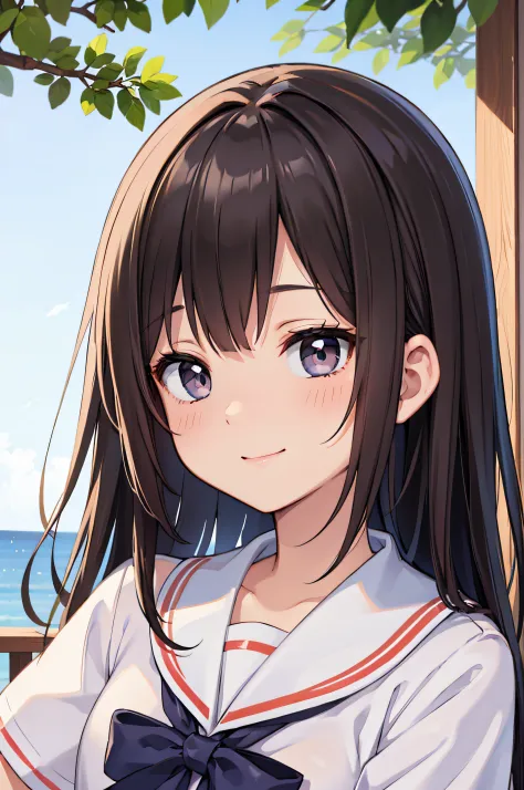 12year old、brown haired、beautidful eyes、real looking skin、hi-school girl、a sailor suit、small tits、(8K、​masterpiece)、(reallistic、Photorealsitic)、top-quality、ighly detailed、The ultra-detailliert、Beautie、cute little、japanes、Idol、a smile、Close-up portrait、Heal...
