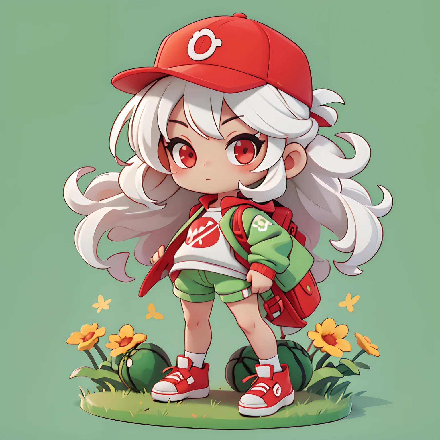 (tchibi:1),Cute,field of flowers background,1girll, Solo, Long_Hair, Looking_at_peeping at the viewer, Red_Eyes, Hat, Jacket, full_Body, White_Hair, shoes, Shorts, tchibi, bag, Backpack, Sneakers, Red_Footwear, baseball_wear cap, Red_Headwear, curly_Hair, Green_Shorts, Keychain，Watermelon element