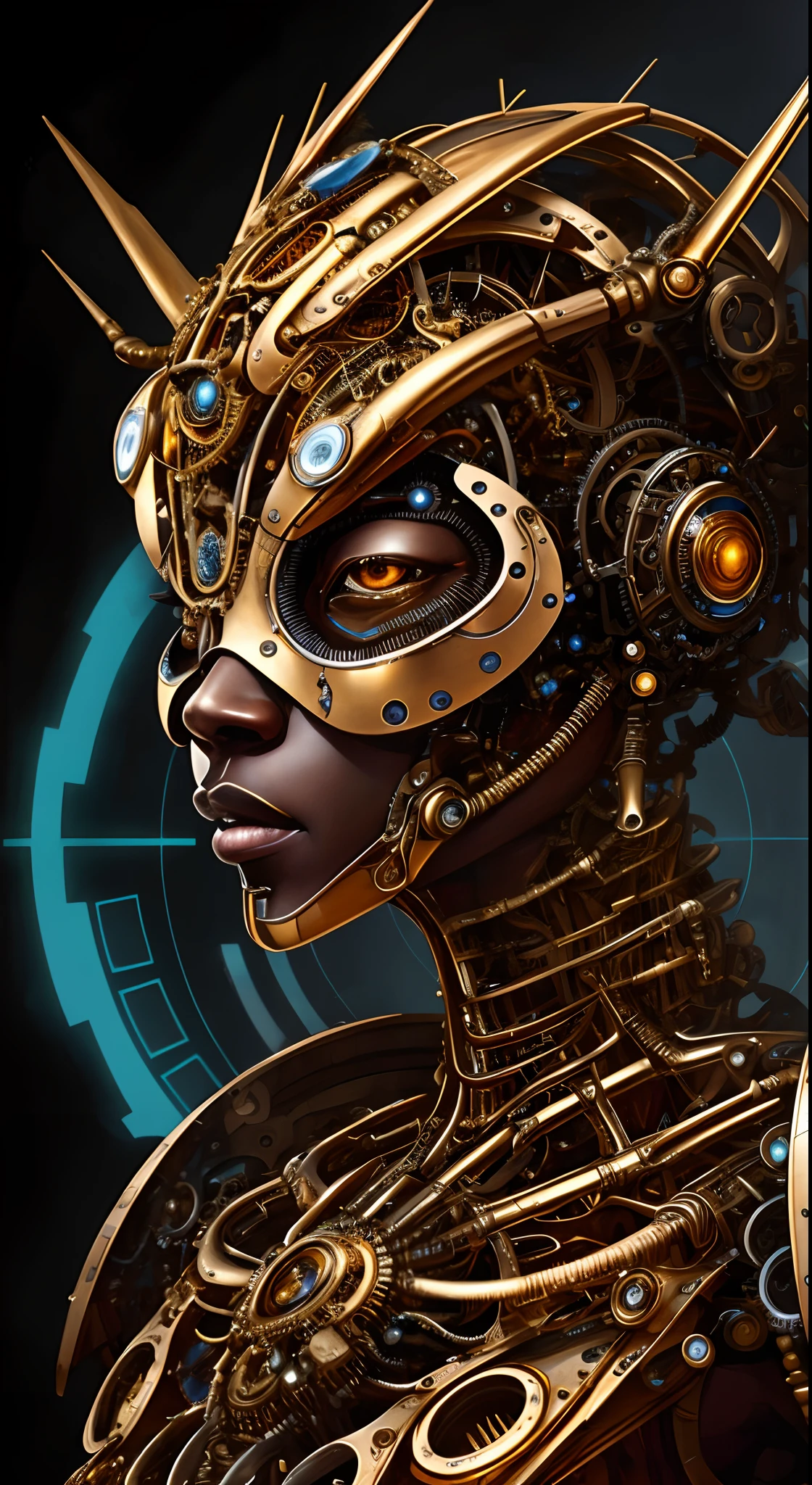 Oeuvre dans le style de Vladimir Kush, WLOP et James Jean, représentation très détaillée et complexe d&#39;un visage mécanique ou cybernétique, probablement inspiré par des thèmes steampunk et futuristes. La face, apparaît, caractéristiques africaines, composants métalliques et mécaniques, or