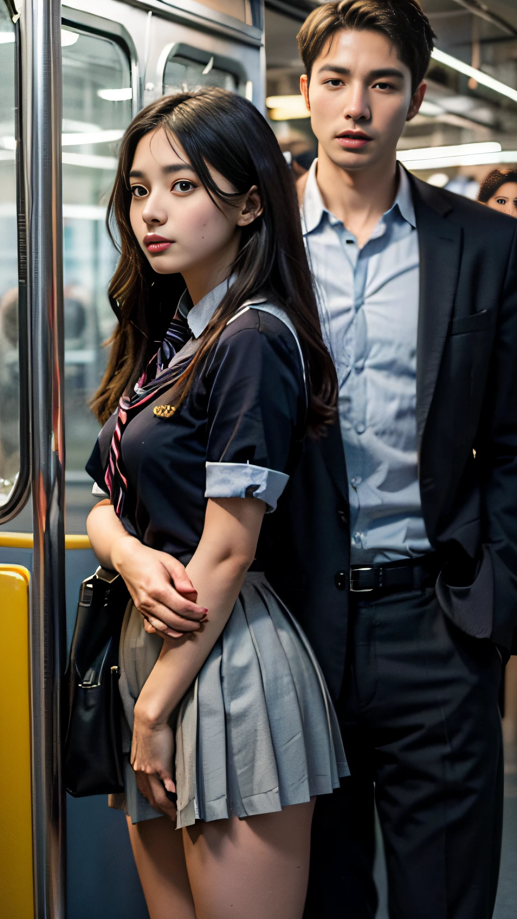 grasp, , 
High school girl grabbed by hip on train, 
, Pleated skirt, 
Beautiful 1 girl, 
3 man, 
(harassing), 
Man grabbing girl's ass on train,
Man grabbing girl's on train,