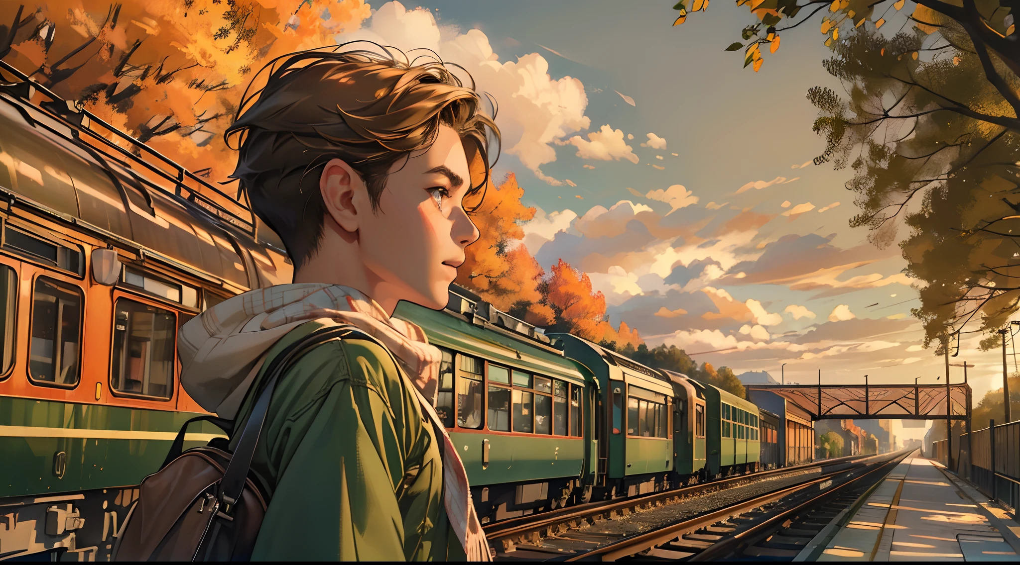 (Best quality,4K,8K,A high resolution,Masterpiece:1.2),Ultra-detailed,(Realistic,Photorealistic,photo-realistic:1.37),Vanishing point combination,Straight rail,Sunset,Vintage trains,Unlimited sunsets,Urban waterfront background,Autumn,Golden mountains,Green trees,Close-up of a boy at a railway platform,Next to the boy stood a girl，profile shot,Close-up of a character's face