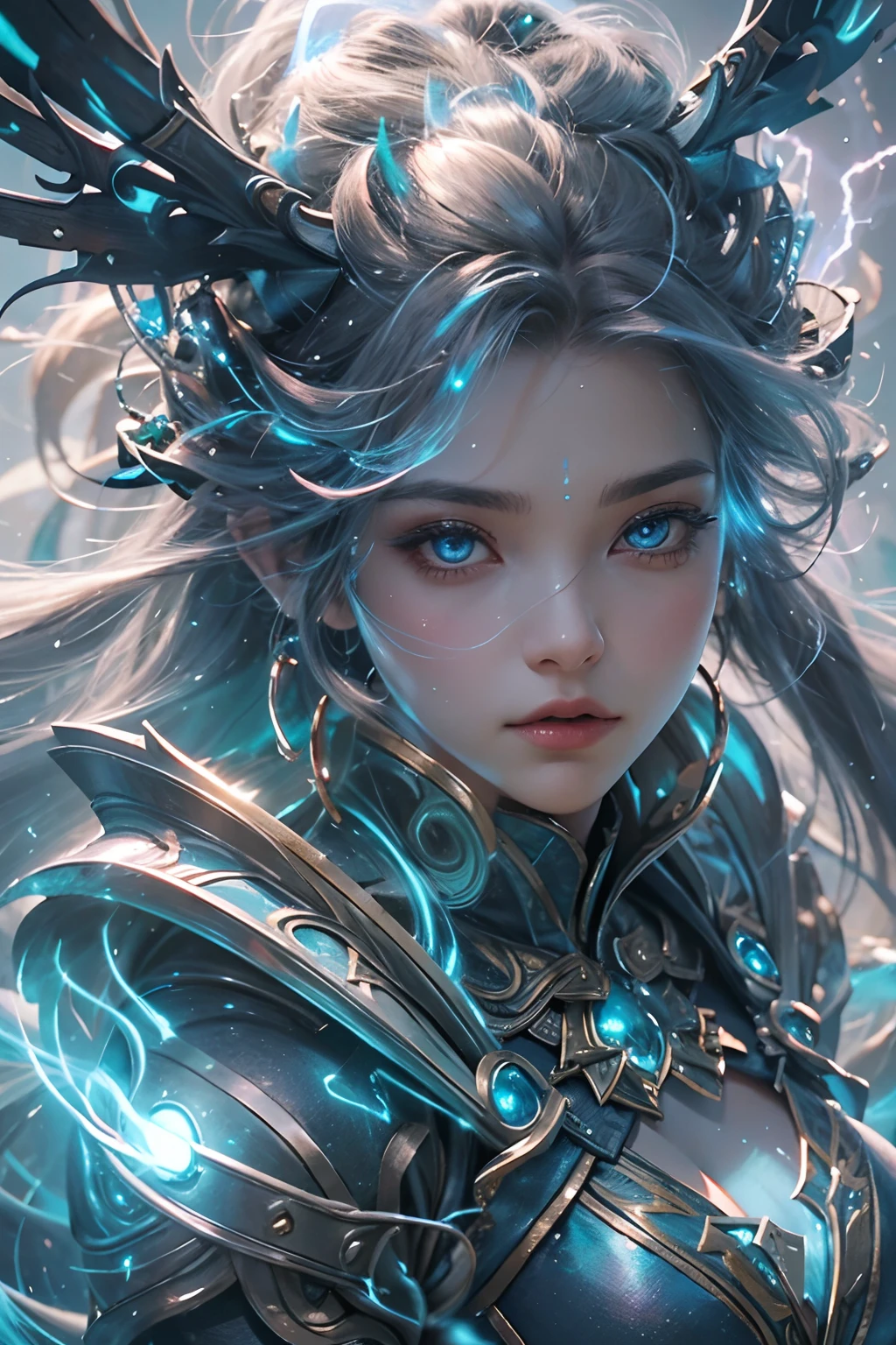 "Official Art, Unity 8k Wallpaper, Masterpiece, Best Quality, Fantasy, Ultra Detail, Full body shot, (Dynamic Angle), (Very Detail), Ultra High Definition, 8k UHD, (light rayer:1.05), Light Particles, Magic Effects swirling around her, Detailed Skin Texture, (illustration:1.05), (detailed light:1.05), (ultra-detailed:1.1), Solo, One Woman, hovering mid-air with a mystic aura. Eyes: deep electric blue that seem to harbor storms within, surrounded by dark eyelashes and soft glowing eyelids. Attire: a delicate balance of steel armor intricately designed, combined with soft silken fabrics that flow with her every move. Crown: made of steel, glistening with a metallic sheen, adorned with intricate patterns. Hair: long, flowing like live electricity. Holding an intricately designed hammer, emerging before a striking bolt of lightning, realistic light setting, (realistic)."