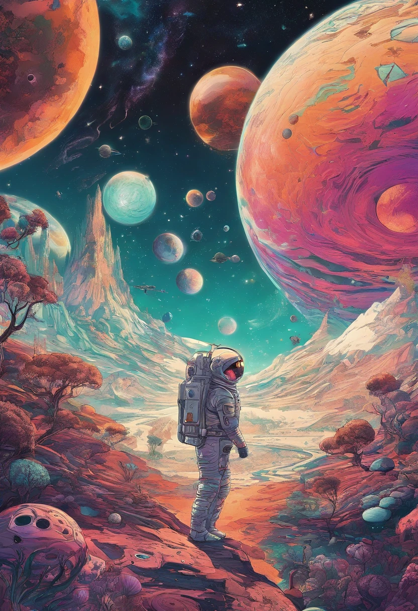 A man in a spacesuit standing on a rocky surface with planets in the ...