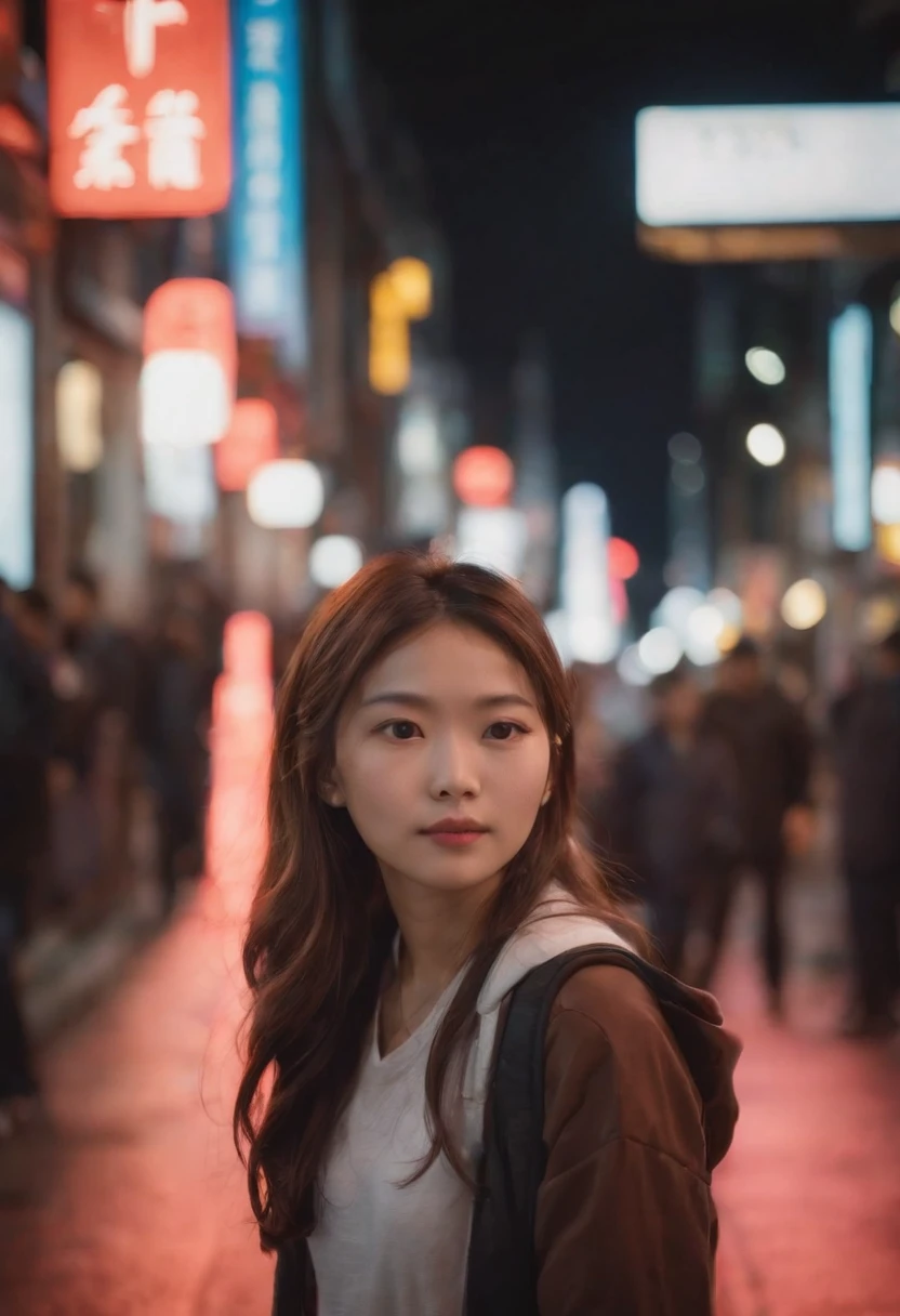japnese girl, dressed in street wear, in downtown shinjuku, glowing neon light in background, night time, real woman, 85mm len