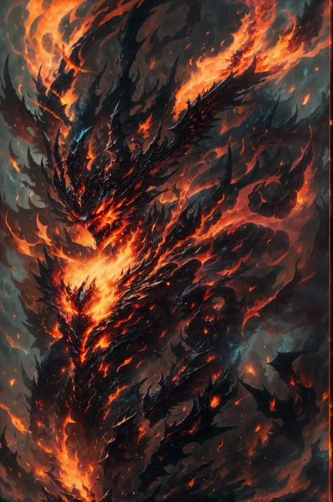 A humanoid devil, fierce face, fire demon, big burning demon wings, big ...