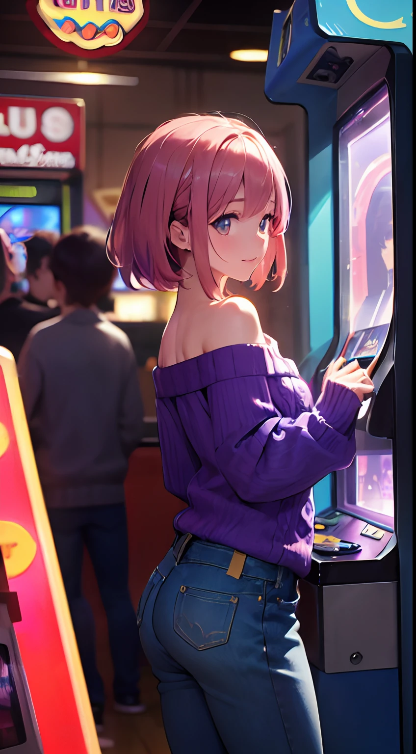 Anime girl in purple shirt playing a video game at a restaurant - SeaArt AI