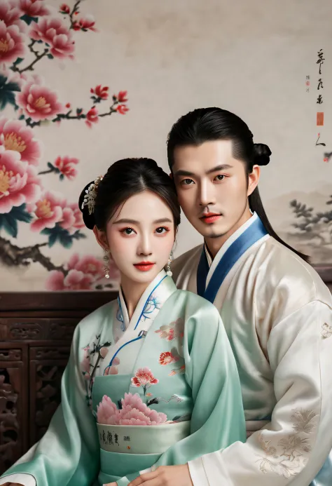 Portrait of a couple dressed in traditional Song Dynasty costumes, He looks like the Chinese male star Hugh，This woman looks lik...