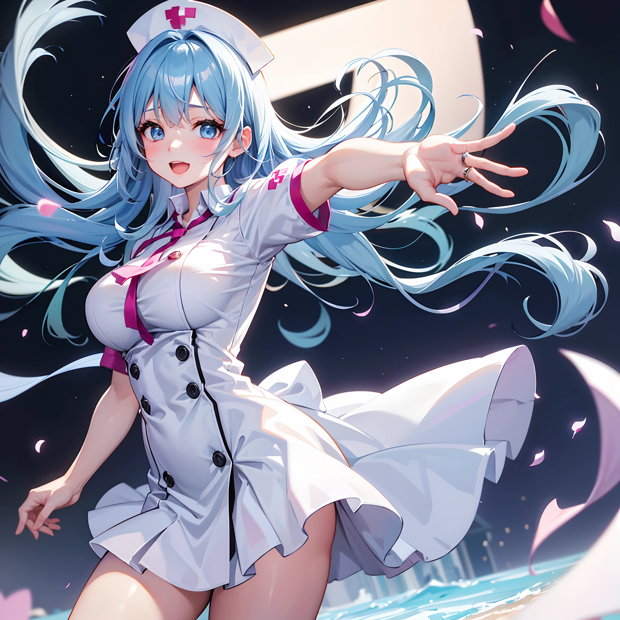 で、(Best Quality:1.3), High resolution, Couboy Shot、The buttons on the chest are about to slip, on  back,Superb view、(One Cute Girl:1.3), Solo, huge smile、Big iridescent heart on background、Angel Ring、Long light blue hair，Open mouth ，Caregiver，hospitals，White nurse's uniform is fluttering，White nurse hat，nurse's outfit、Sit down, reaching out her hands、looking at viewert，Underwear is sheer、The color of the underwear is sheer white、yogapose、Straighten your back、Remu、Two legs