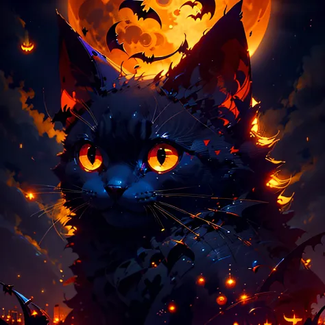 laughs, evil, Halloween City, pumpkin,  . .bat, moon light,cat