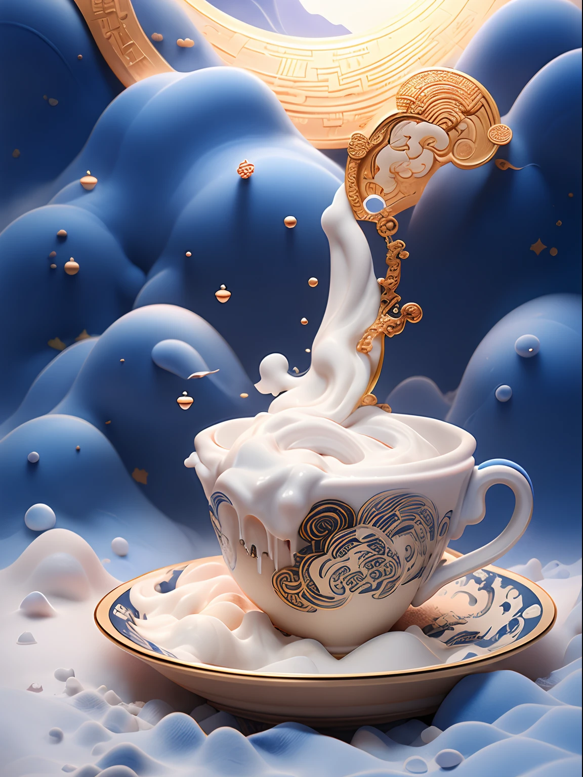 Masterpiece, High quality, Best quality, offcial art, (Beauty aesthetics :1.2), ((1 milk tea cup)), Surrounded by redstone, Splash spray, (Chinese landscape paper carving, Chinese landscape painting of the Song Dynasty :1.2), (Surreal fantasy style), Cream organic fluid, Light tracing, Environmental occlusion, haze, Natural light, limestone, Gel resin sheet, oc rendered, (paper cup), (Still life photography), (Surreal fantasy style), (Iron chain),