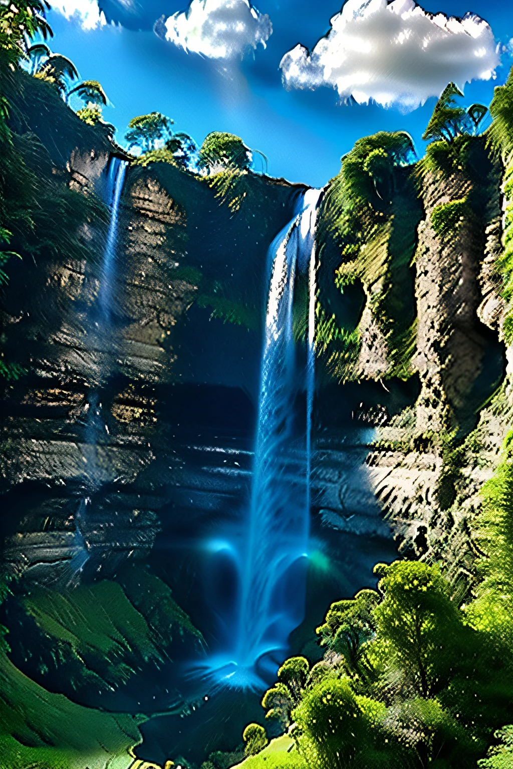Ein Wasserfall mit reichlich Wasser，grünes Wasser, grüne Berge, blauer Himmel und weiße Wolken