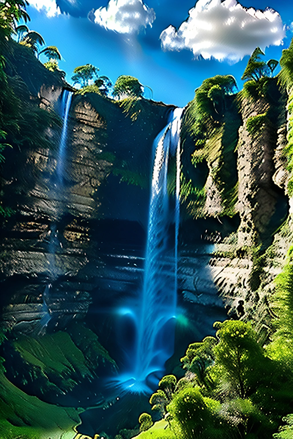 Una cascada con abundante agua，Agua verde, Montañas verdes, Cielo azul y nubes blancas.