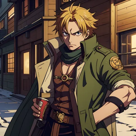 anime character with medium blonde hair, a long brown coat, goggles, a satchel, and flintlock in a city, snk, badass anime 8 k, ...