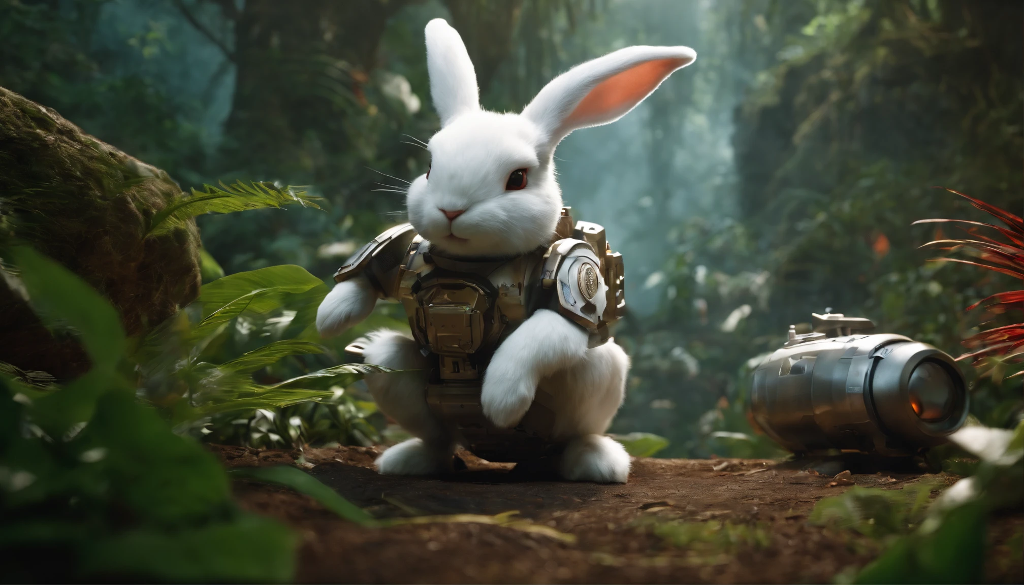 Battle mech white rabbit in the jungle，Wear high-tech goggles，Tropical ...